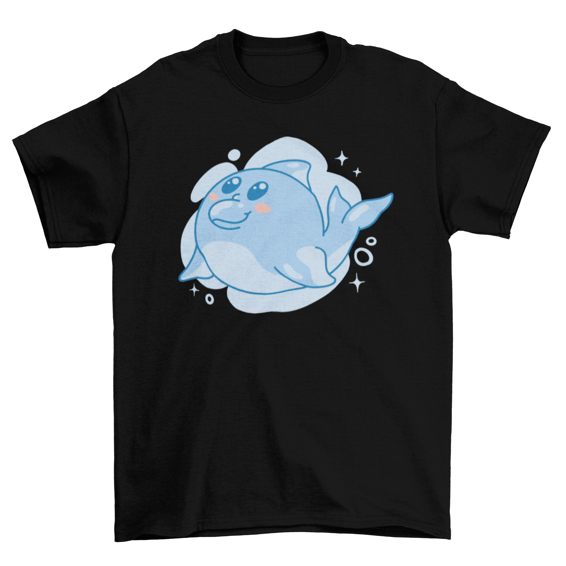 A cute Kawaii dolphin t-shirt featuring a playful dolphin graphic on a soft fabric background.