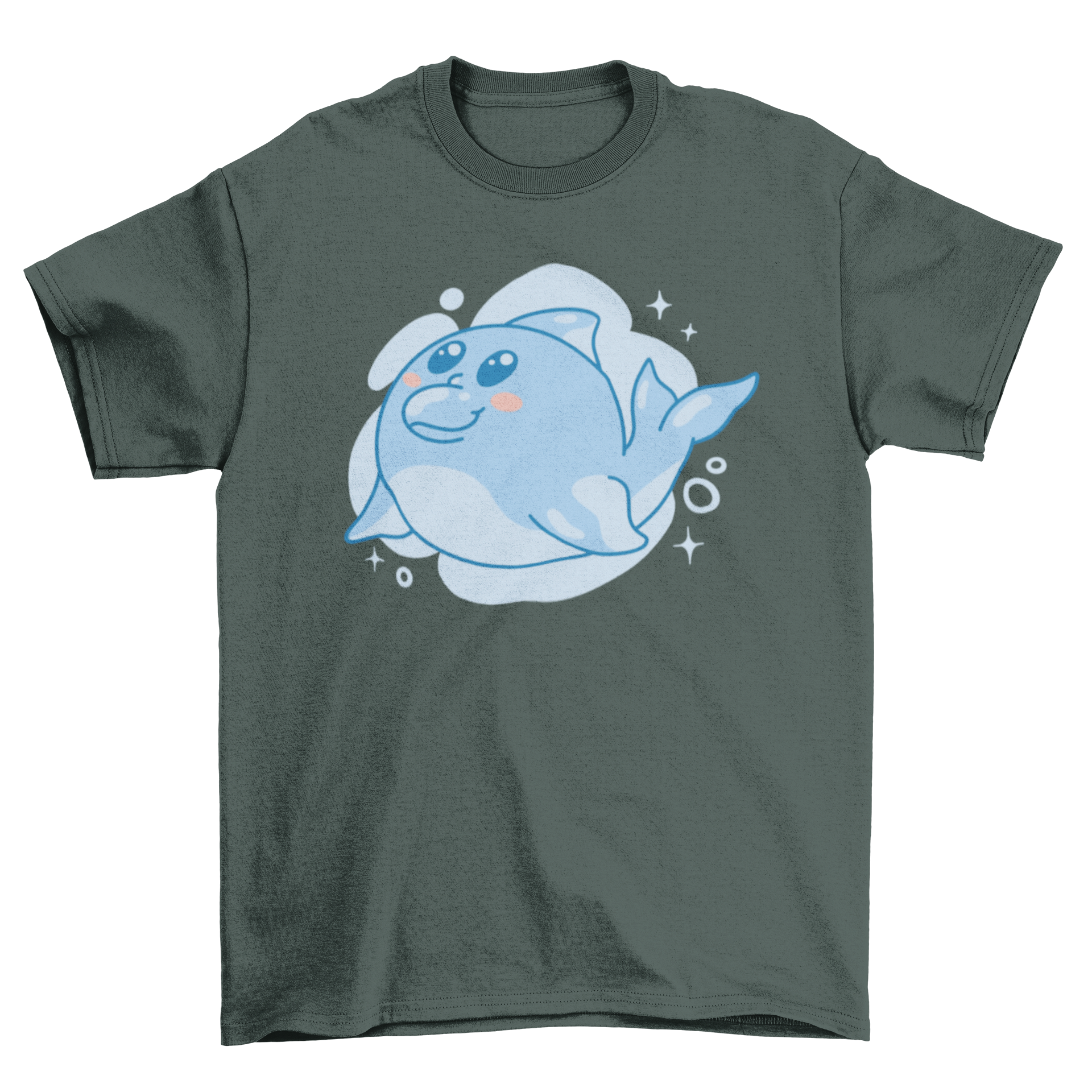 A cute Kawaii dolphin t-shirt featuring a playful dolphin graphic on a soft fabric background.