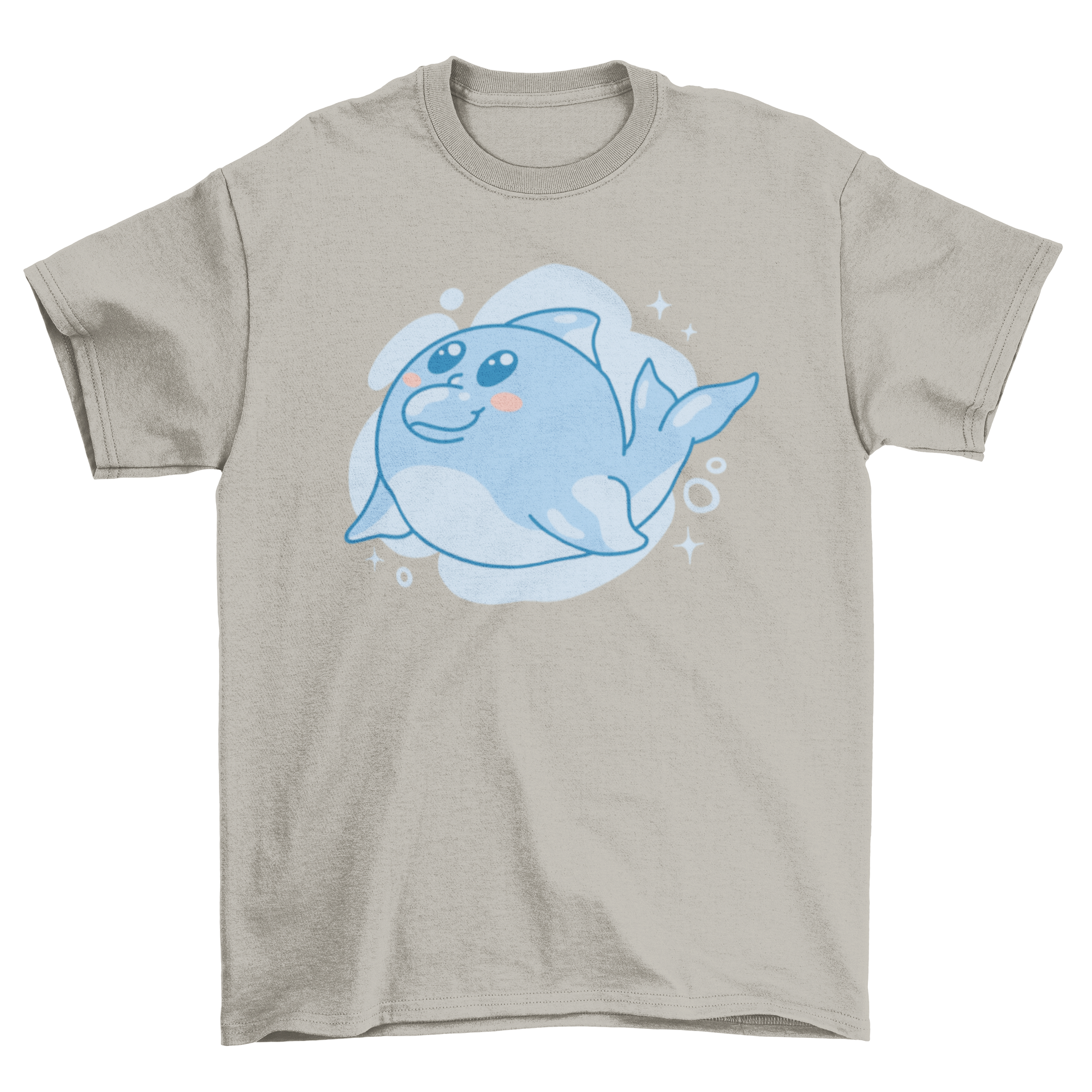 A cute Kawaii dolphin t-shirt featuring a playful dolphin graphic on a soft fabric background.