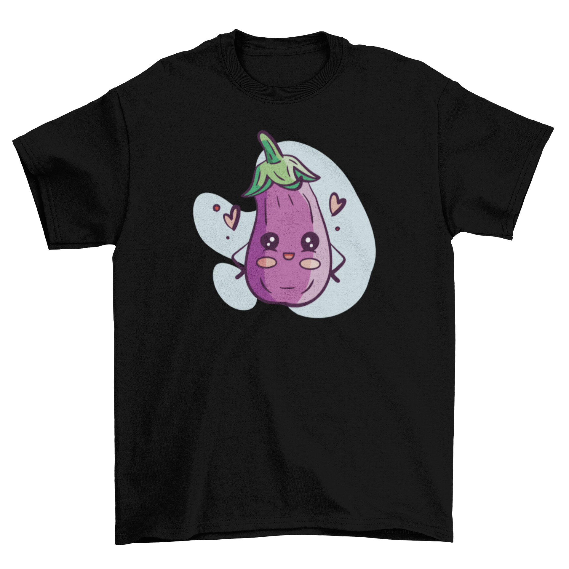 A cute Kawaii eggplant vegetable t-shirt featuring a vibrant eggplant graphic on a soft fabric, perfect for casual wear.