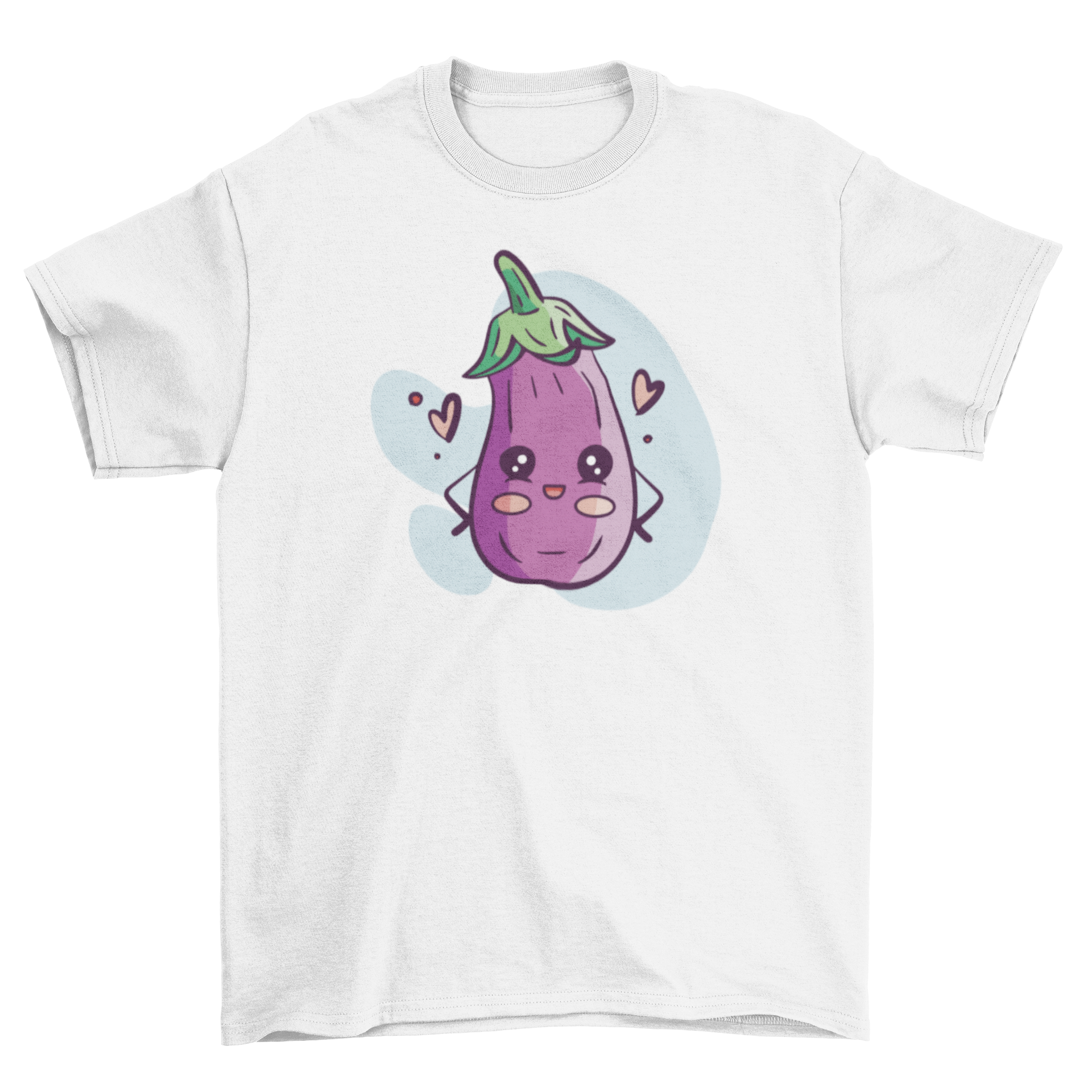 A cute Kawaii eggplant vegetable t-shirt featuring a vibrant eggplant graphic on a soft fabric, perfect for casual wear.