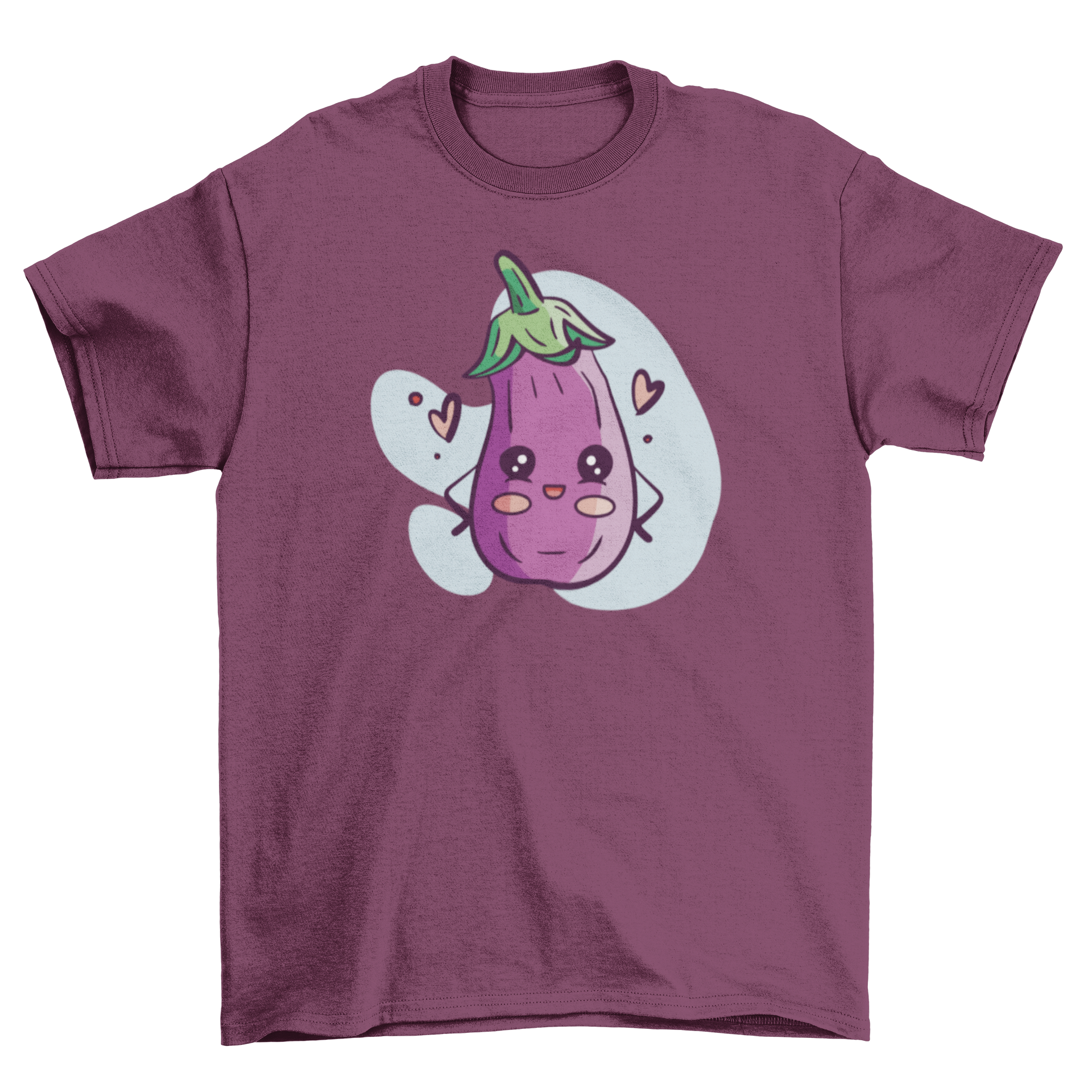 A cute Kawaii eggplant vegetable t-shirt featuring a vibrant eggplant graphic on a soft fabric, perfect for casual wear.