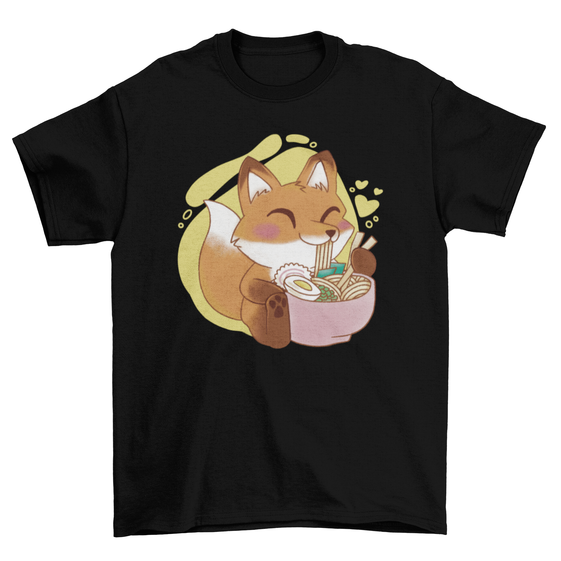 A cute t-shirt featuring a kawaii fox happily eating ramen, showcasing vibrant colors and playful design.