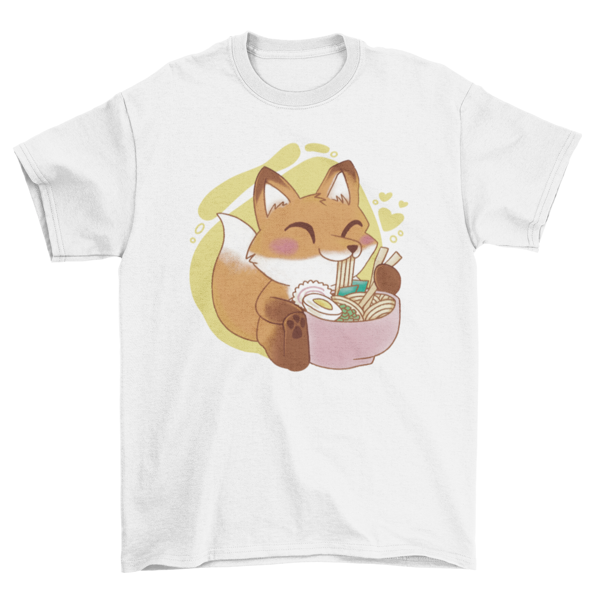 A cute t-shirt featuring a kawaii fox happily eating ramen, showcasing vibrant colors and playful design.