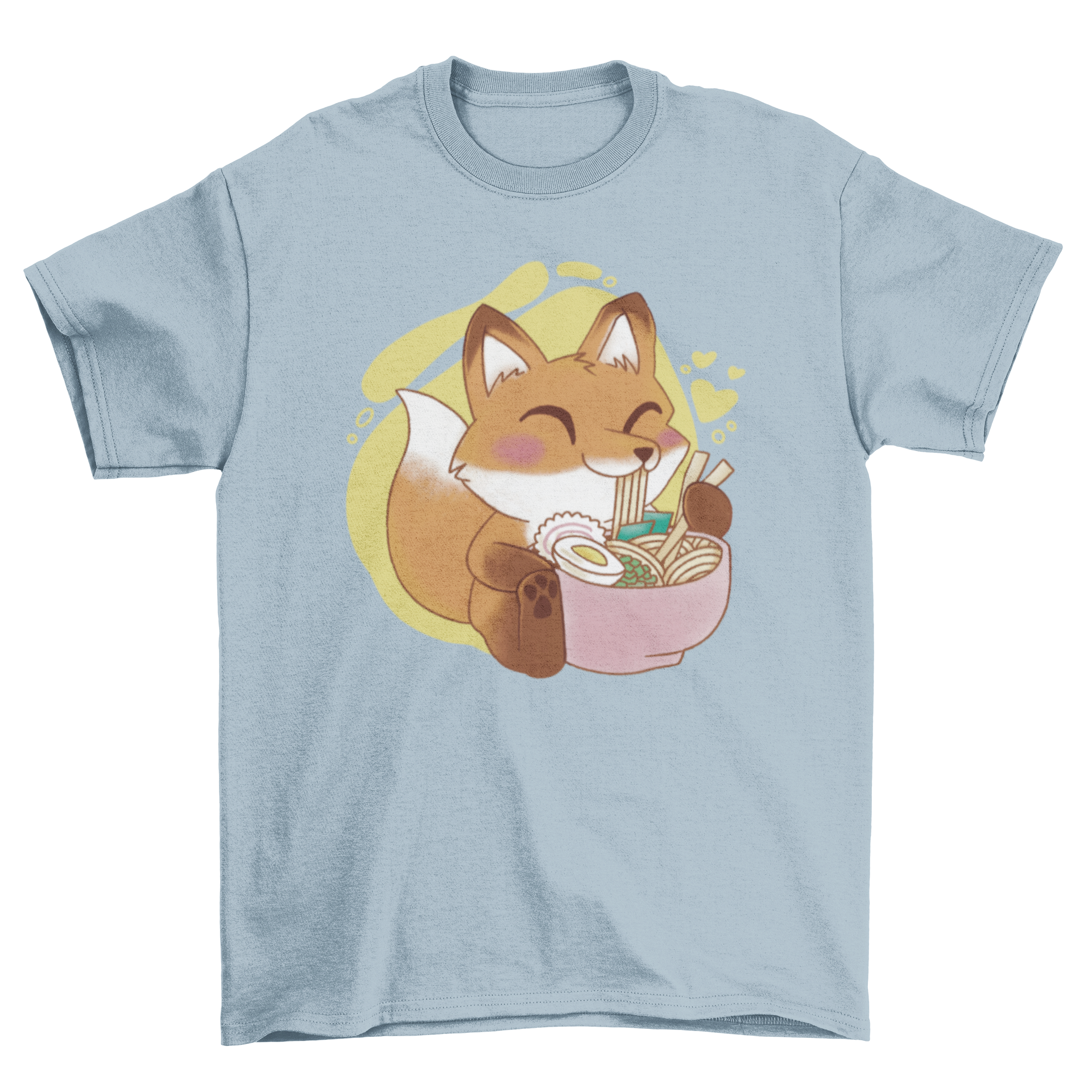 A cute t-shirt featuring a kawaii fox happily eating ramen, showcasing vibrant colors and playful design.