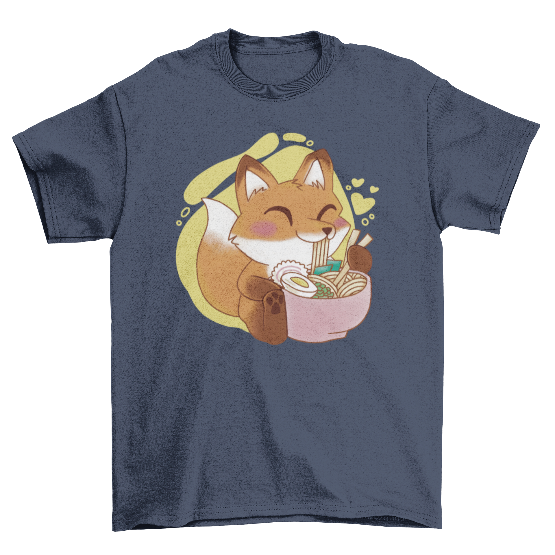 A cute t-shirt featuring a kawaii fox happily eating ramen, showcasing vibrant colors and playful design.