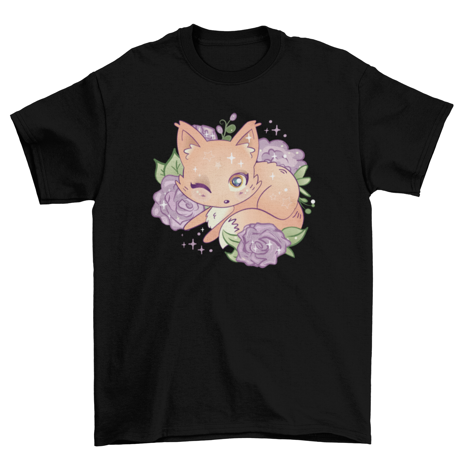 Kawaii fox t-shirt featuring a winking fox design over sparkly flowers, perfect for casual wear.