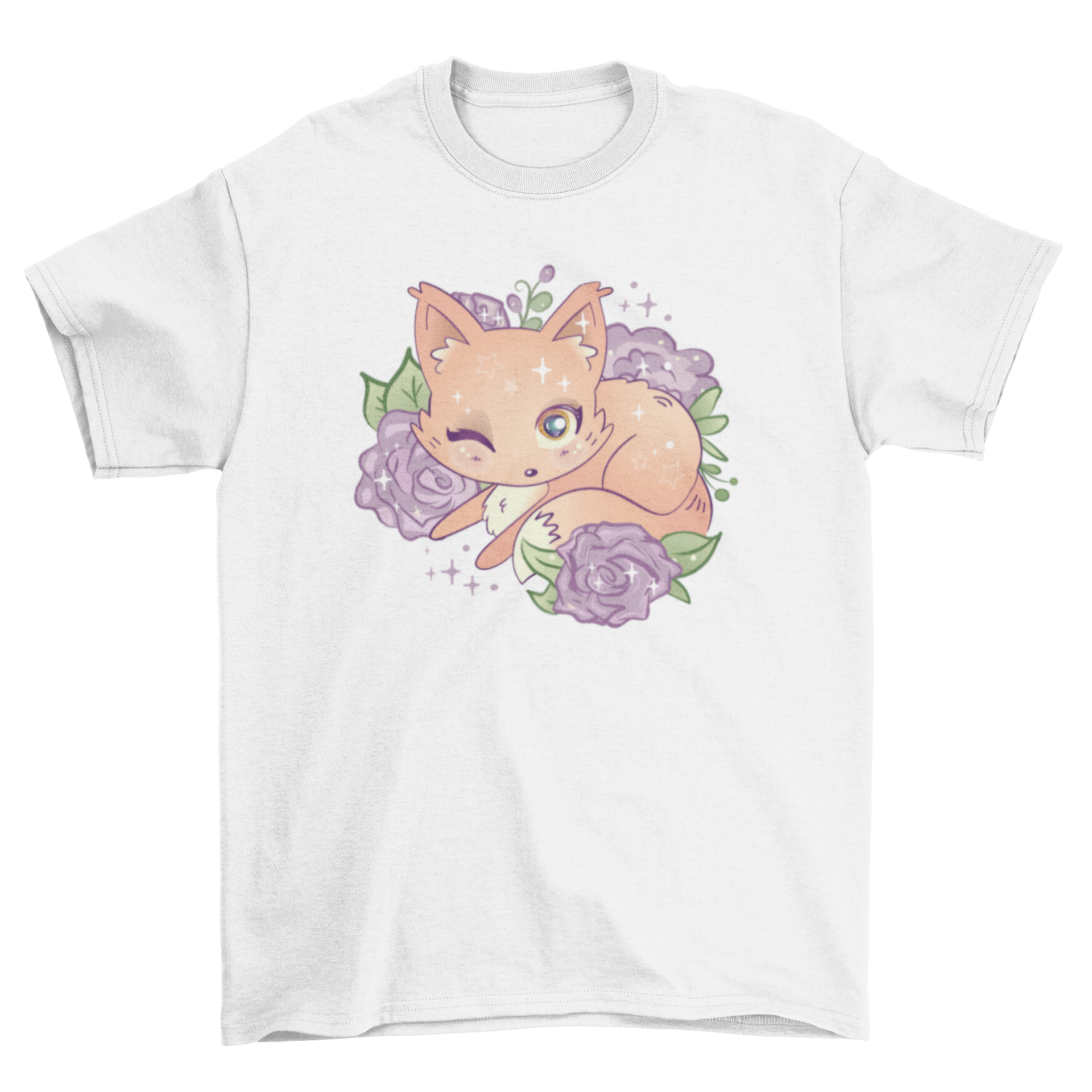 Kawaii fox t-shirt featuring a winking fox design over sparkly flowers, perfect for casual wear.