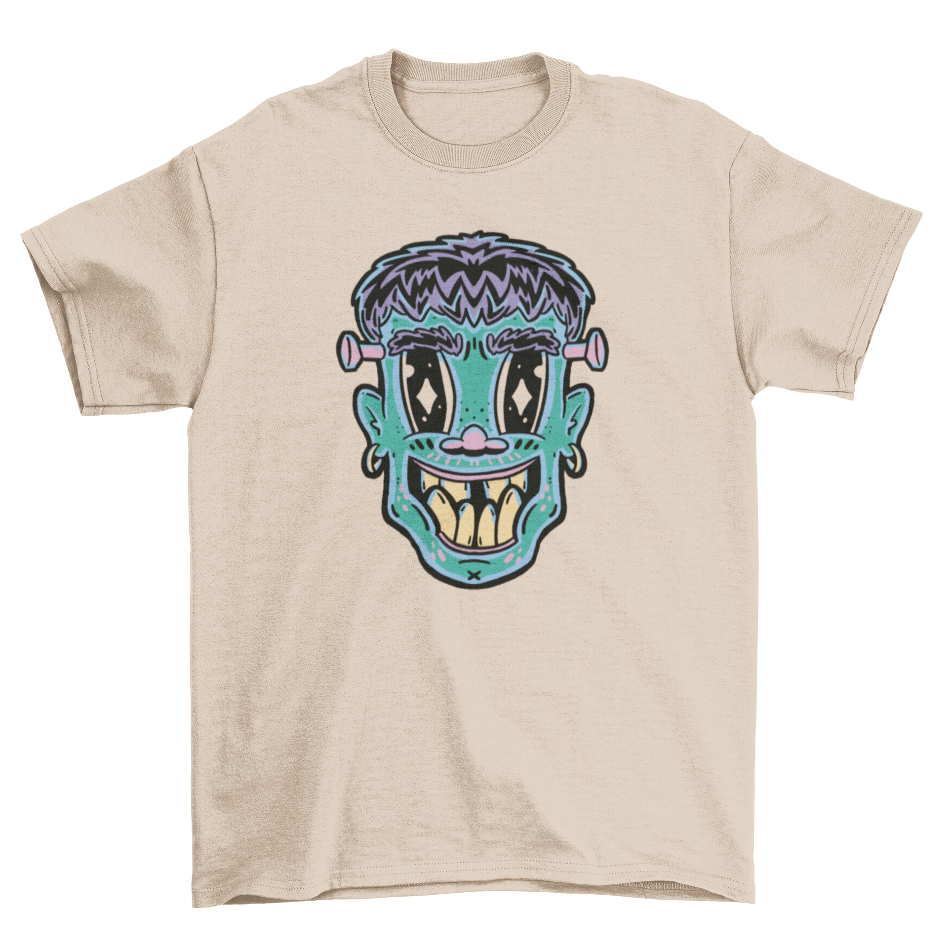 Kawaii Frankenstein t-shirt featuring a cute cartoon design of Frankenstein's head in vibrant colors.