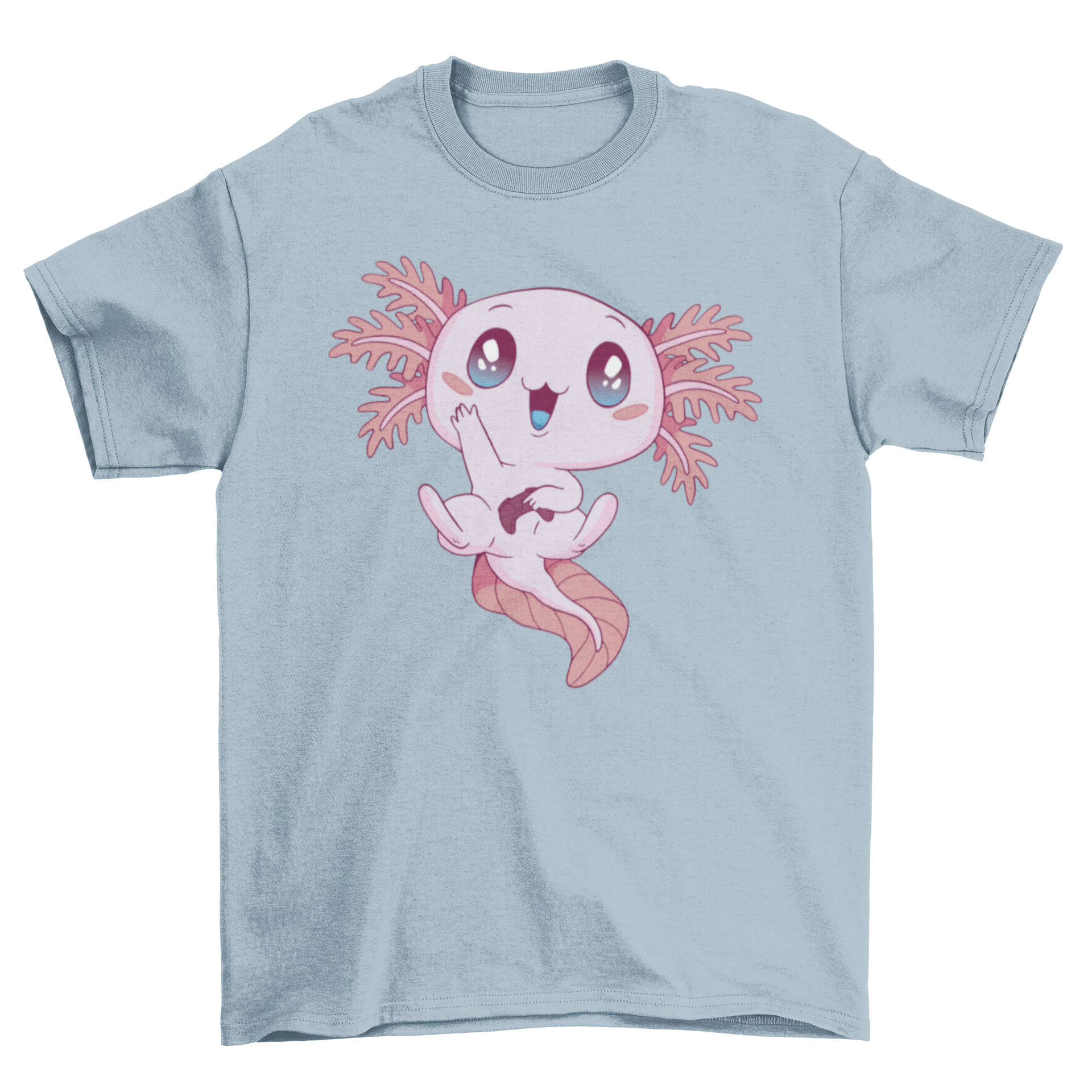 A cute kawaii gaming axolotl t-shirt featuring a colorful axolotl design, perfect for gamers and animal lovers.