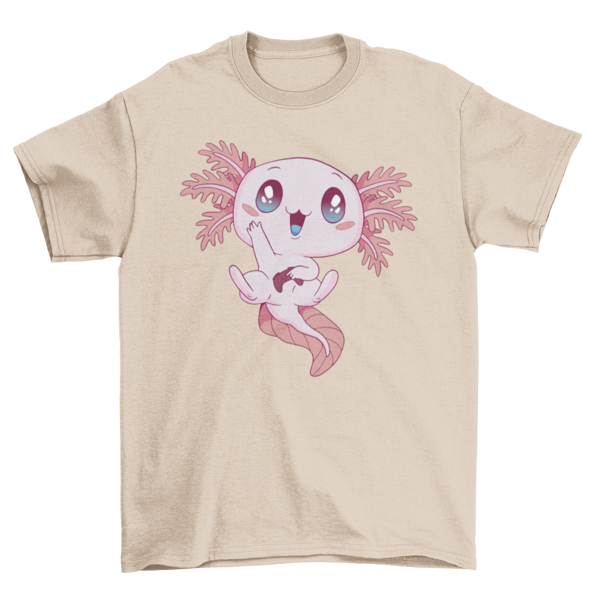 A cute kawaii gaming axolotl t-shirt featuring a colorful axolotl design, perfect for gamers and animal lovers.