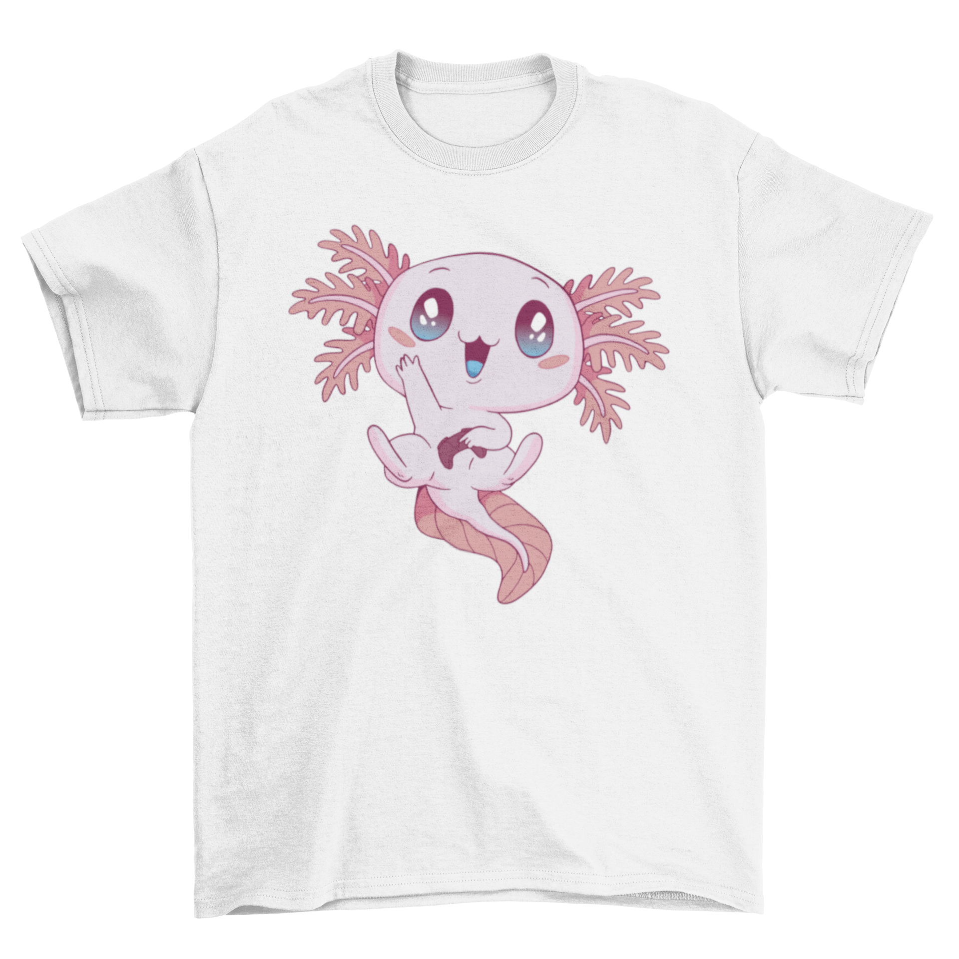 A cute kawaii gaming axolotl t-shirt featuring a colorful axolotl design, perfect for gamers and animal lovers.