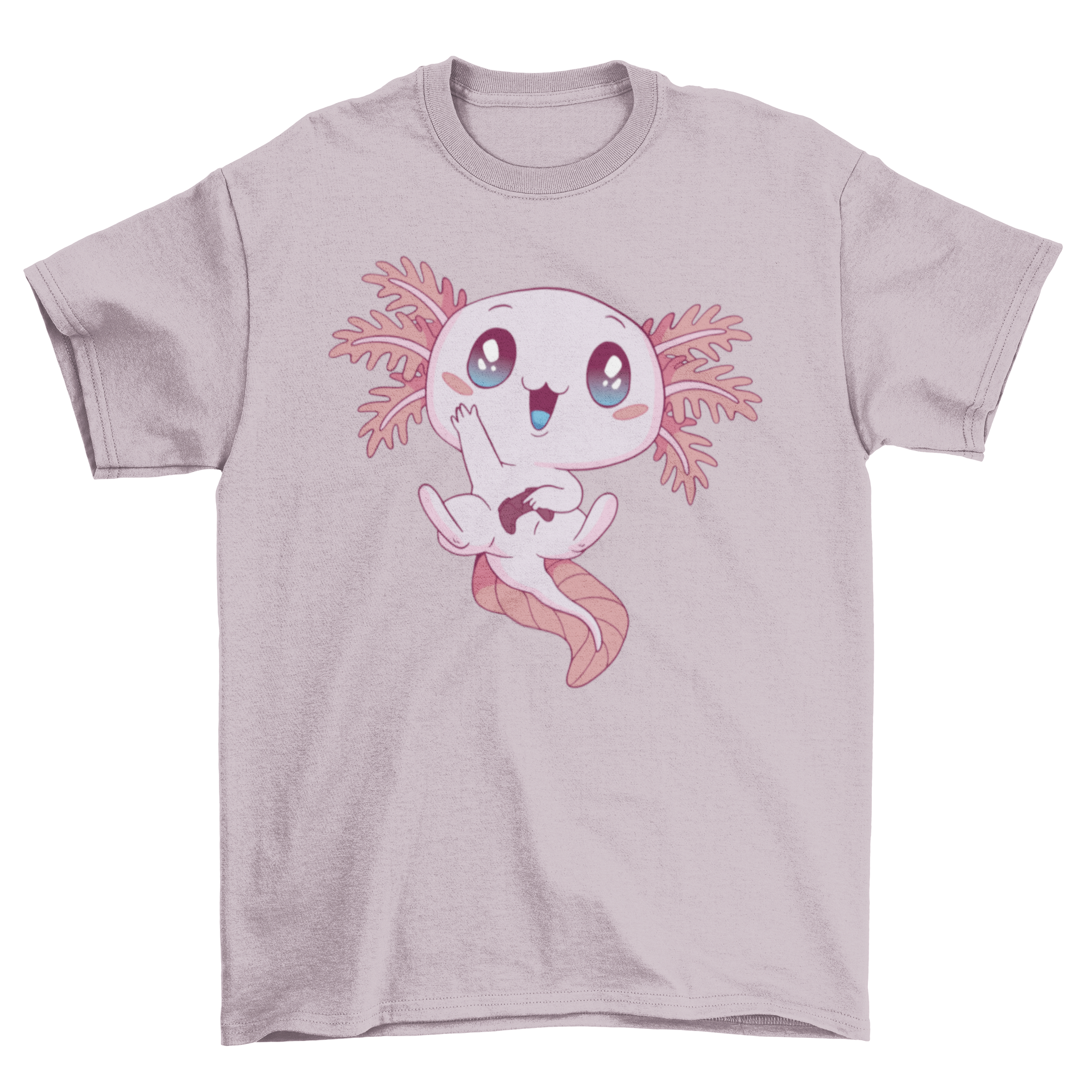 A cute kawaii gaming axolotl t-shirt featuring a colorful axolotl design, perfect for gamers and animal lovers.