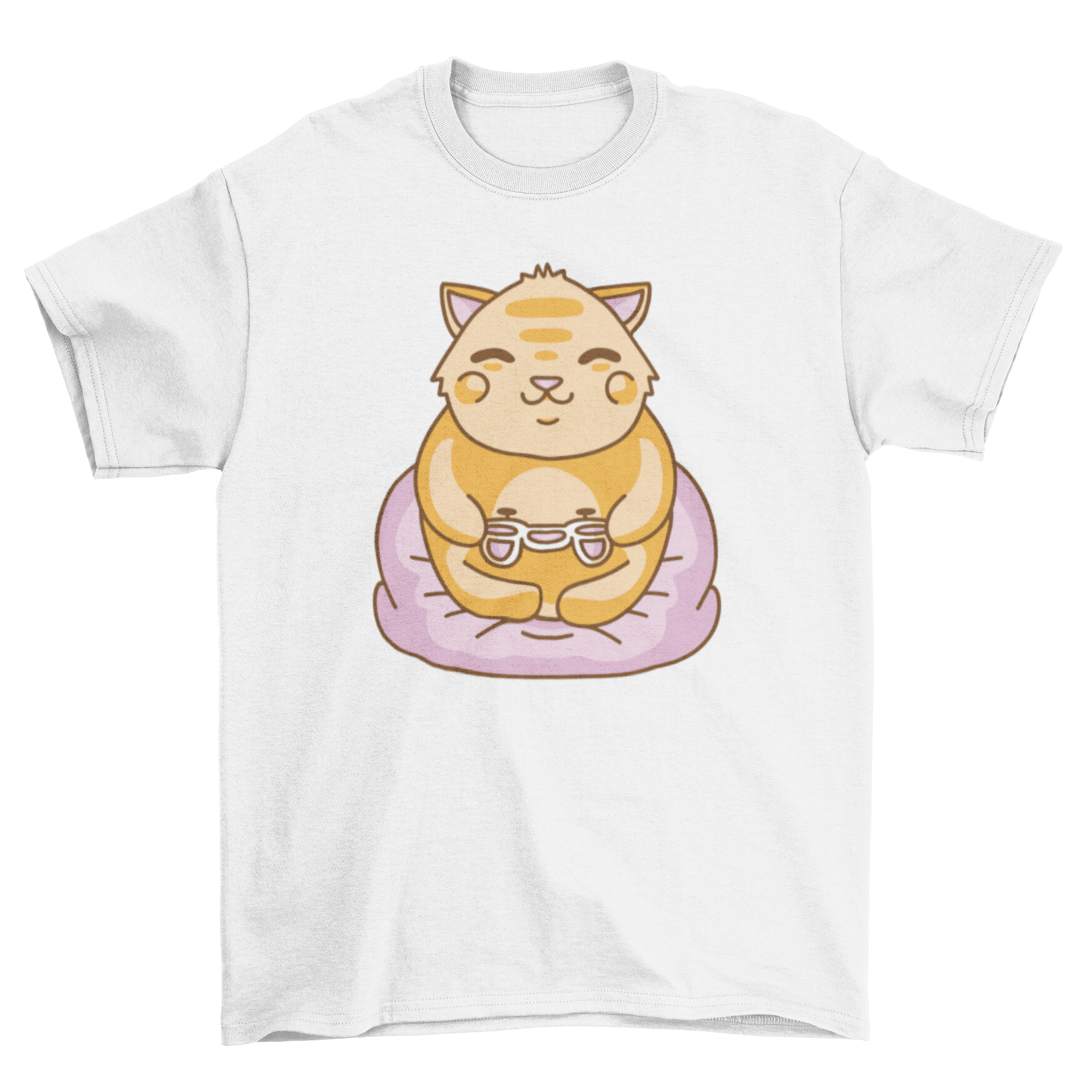 A cute kawaii cat playing video games on a t-shirt, showcasing vibrant colors and a playful design.