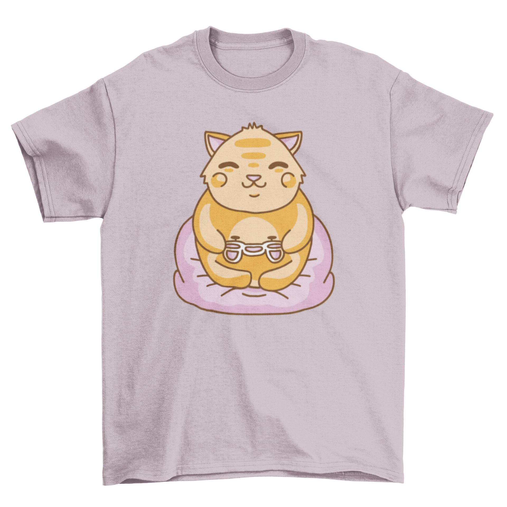 A cute kawaii cat playing video games on a t-shirt, showcasing vibrant colors and a playful design.