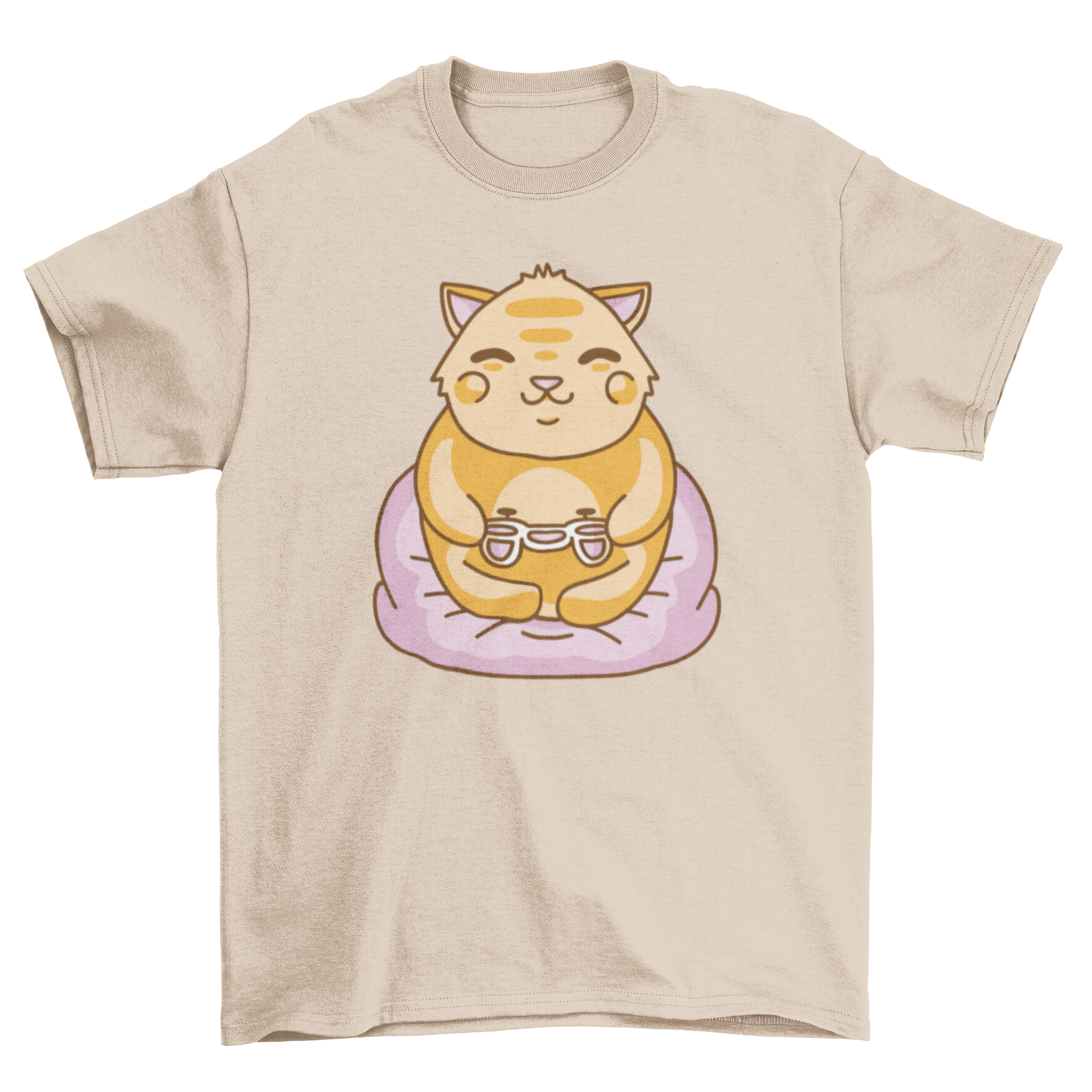 A cute kawaii cat playing video games on a t-shirt, showcasing vibrant colors and a playful design.