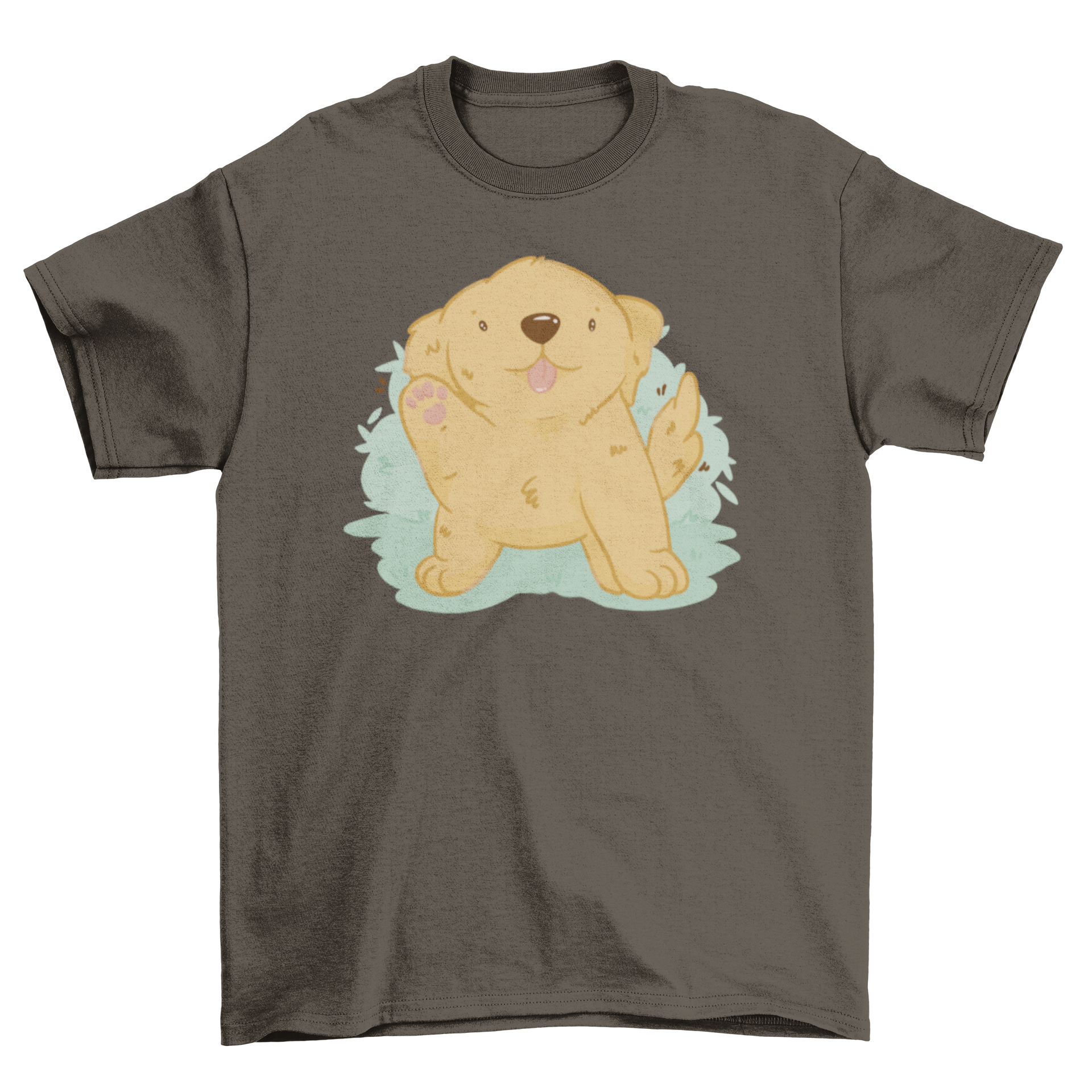 A cute Kawaii golden retriever dog t-shirt featuring a playful design, perfect for dog lovers.