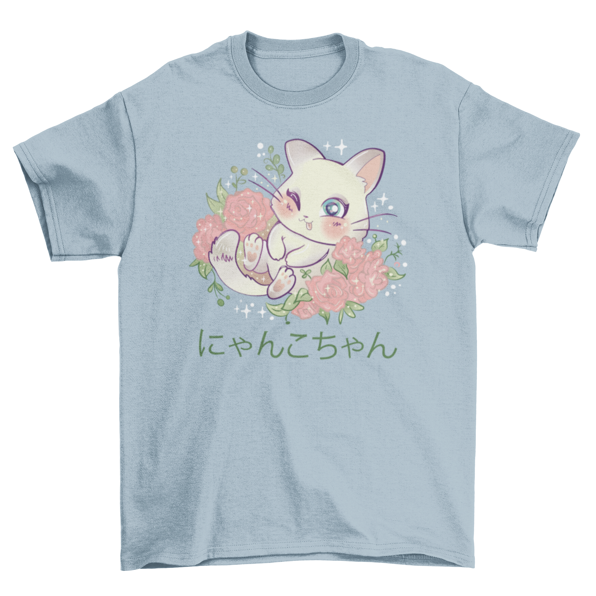 Kawaii kitten t-shirt featuring a winking kitten surrounded by flowers and sparks with a Japanese quote.