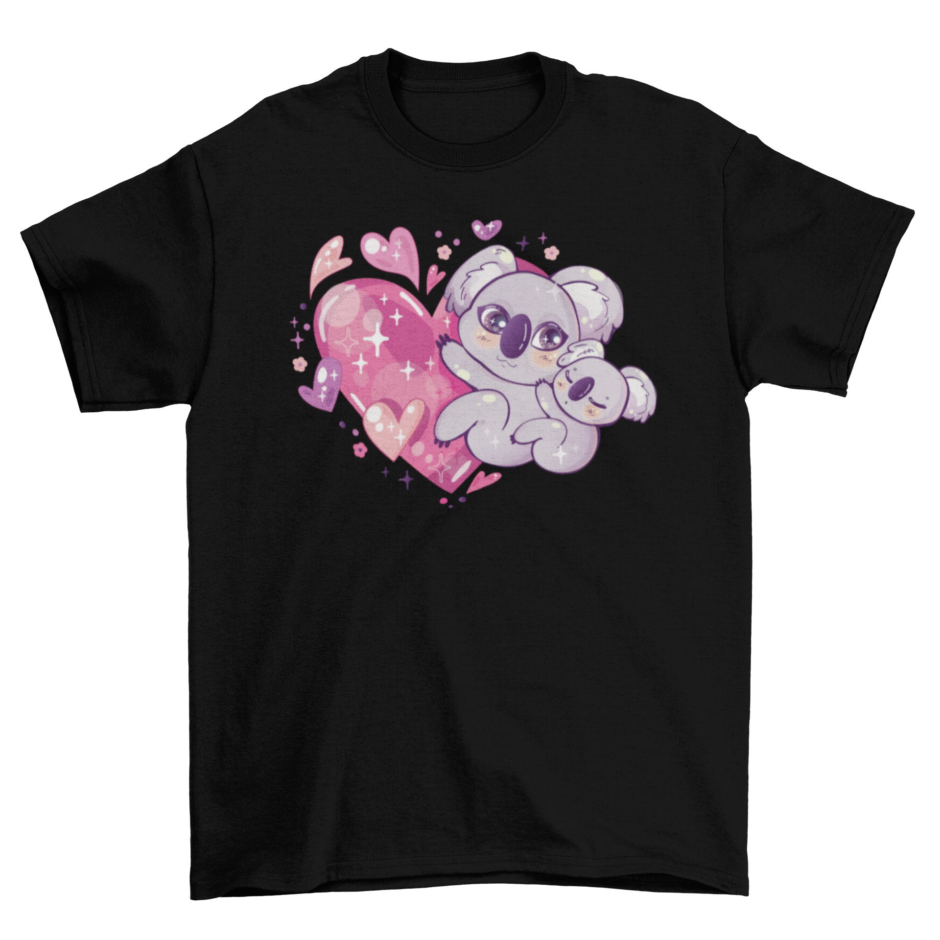 Kawaii koala t-shirt featuring a cute sleeping koala hugging a larger koala over a sparkly heart design.