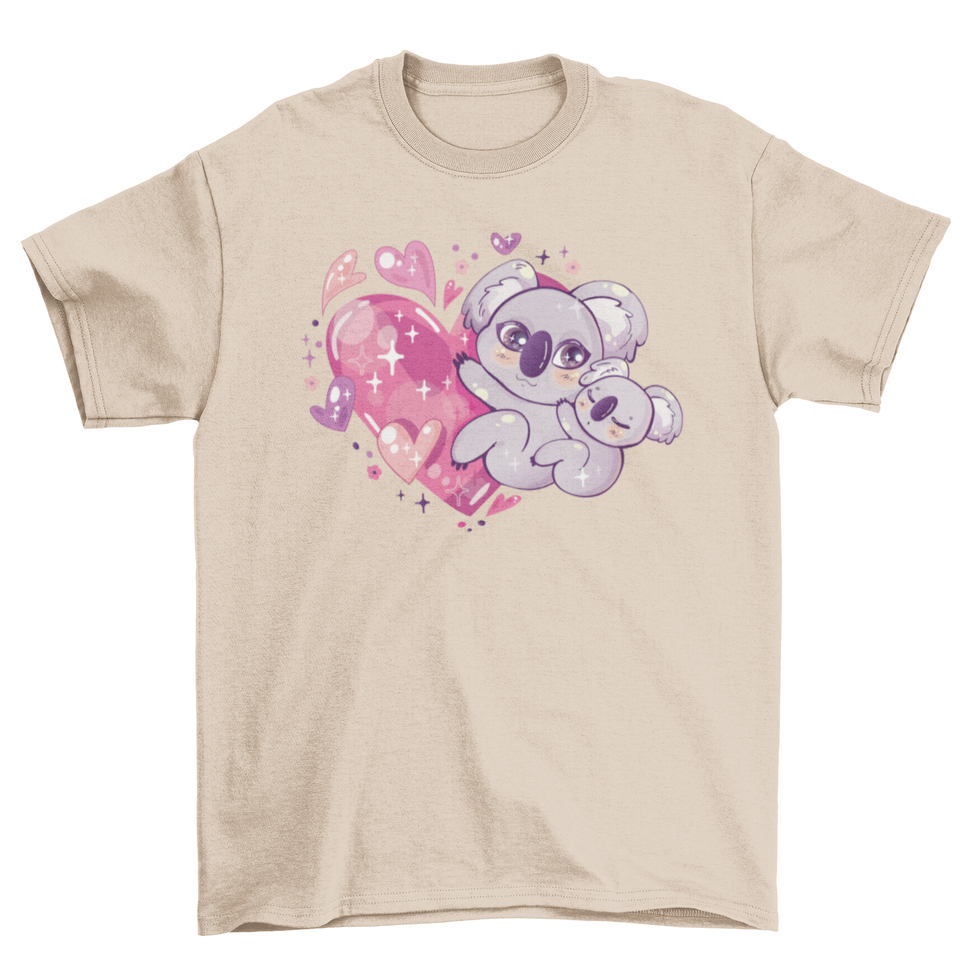 Kawaii koala t-shirt featuring a cute sleeping koala hugging a larger koala over a sparkly heart design.