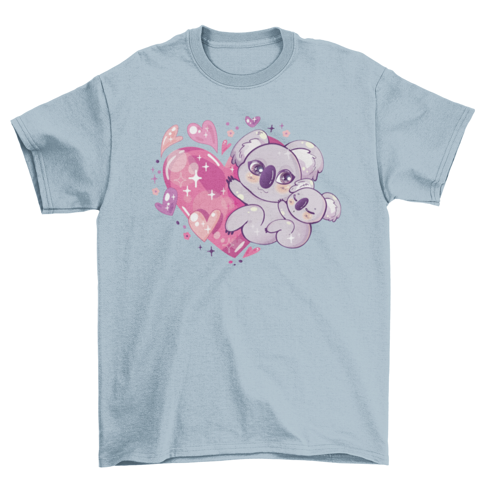 Kawaii koala t-shirt featuring a cute sleeping koala hugging a larger koala over a sparkly heart design.