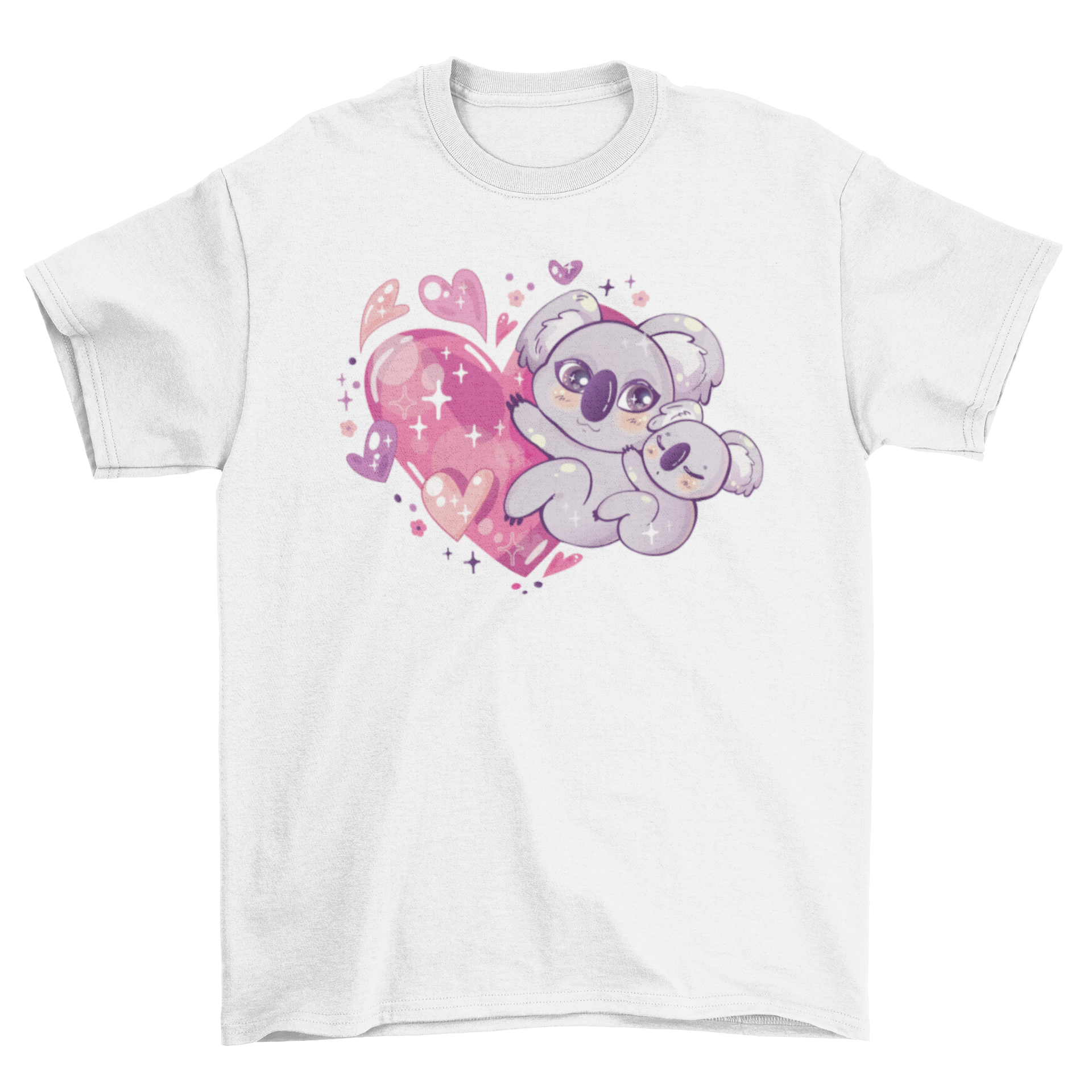 Kawaii koala t-shirt featuring a cute sleeping koala hugging a larger koala over a sparkly heart design.