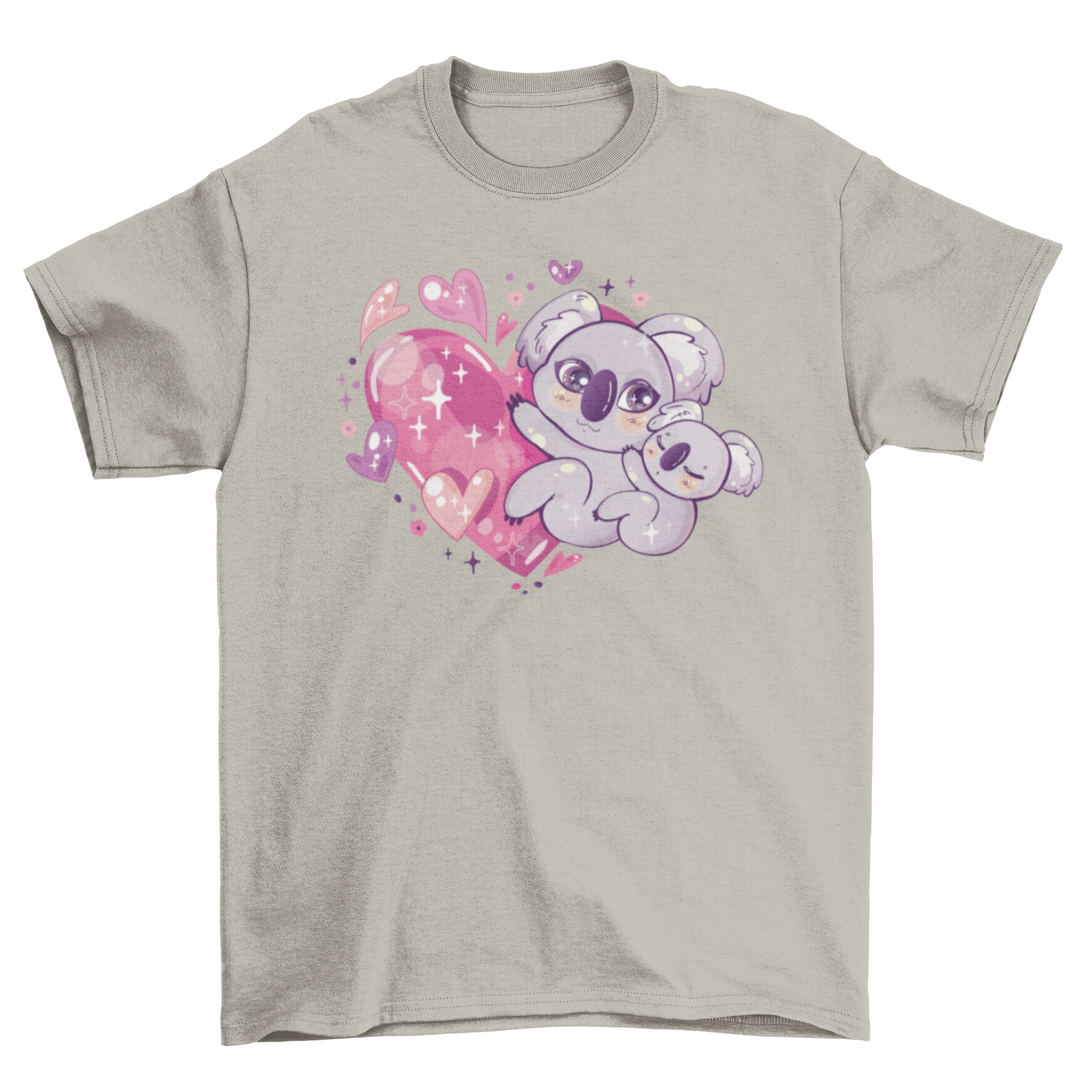 Kawaii koala t-shirt featuring a cute sleeping koala hugging a larger koala over a sparkly heart design.