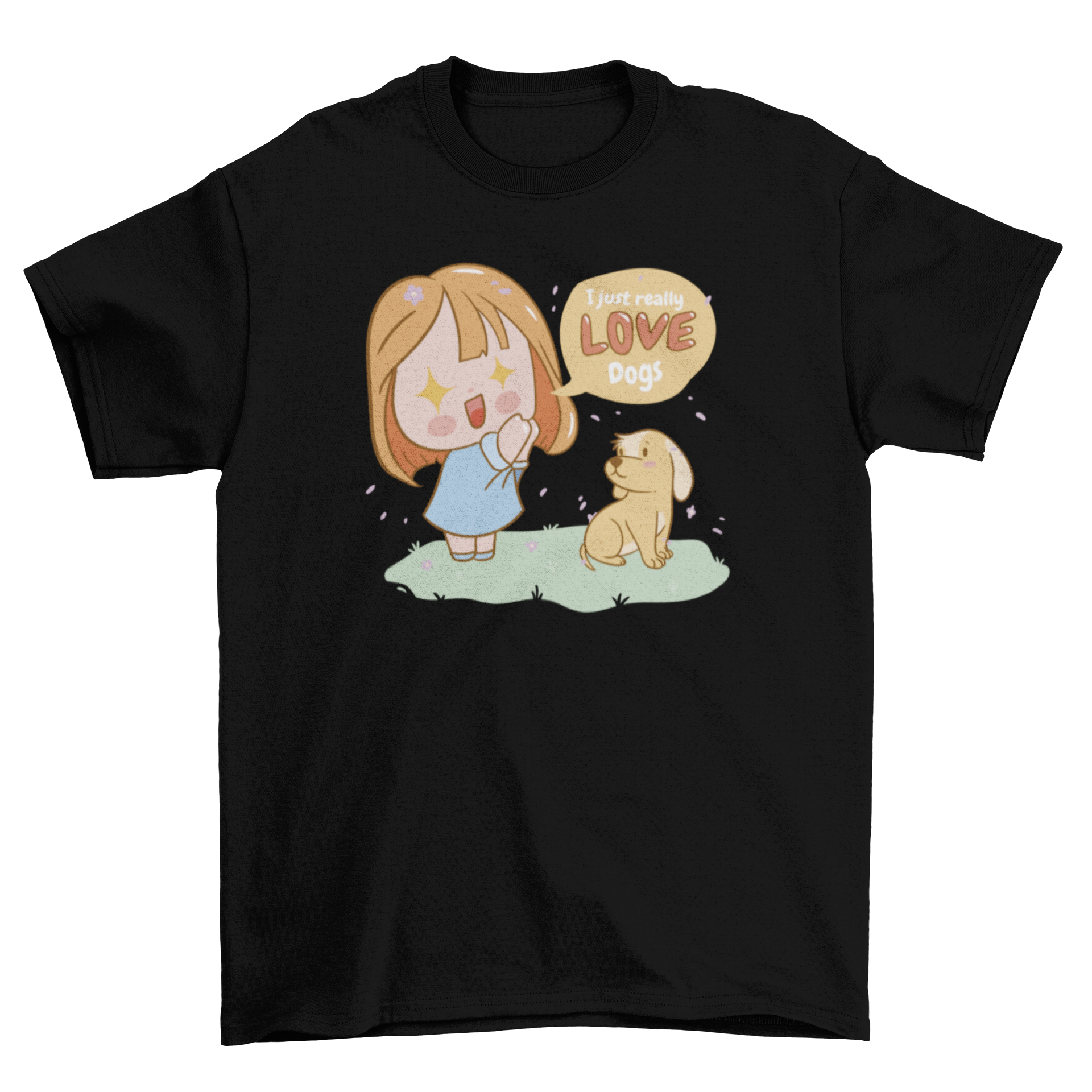 Kawaii love dogs t-shirt featuring a cute girl and dog design with the quote 'I just really love dogs'.