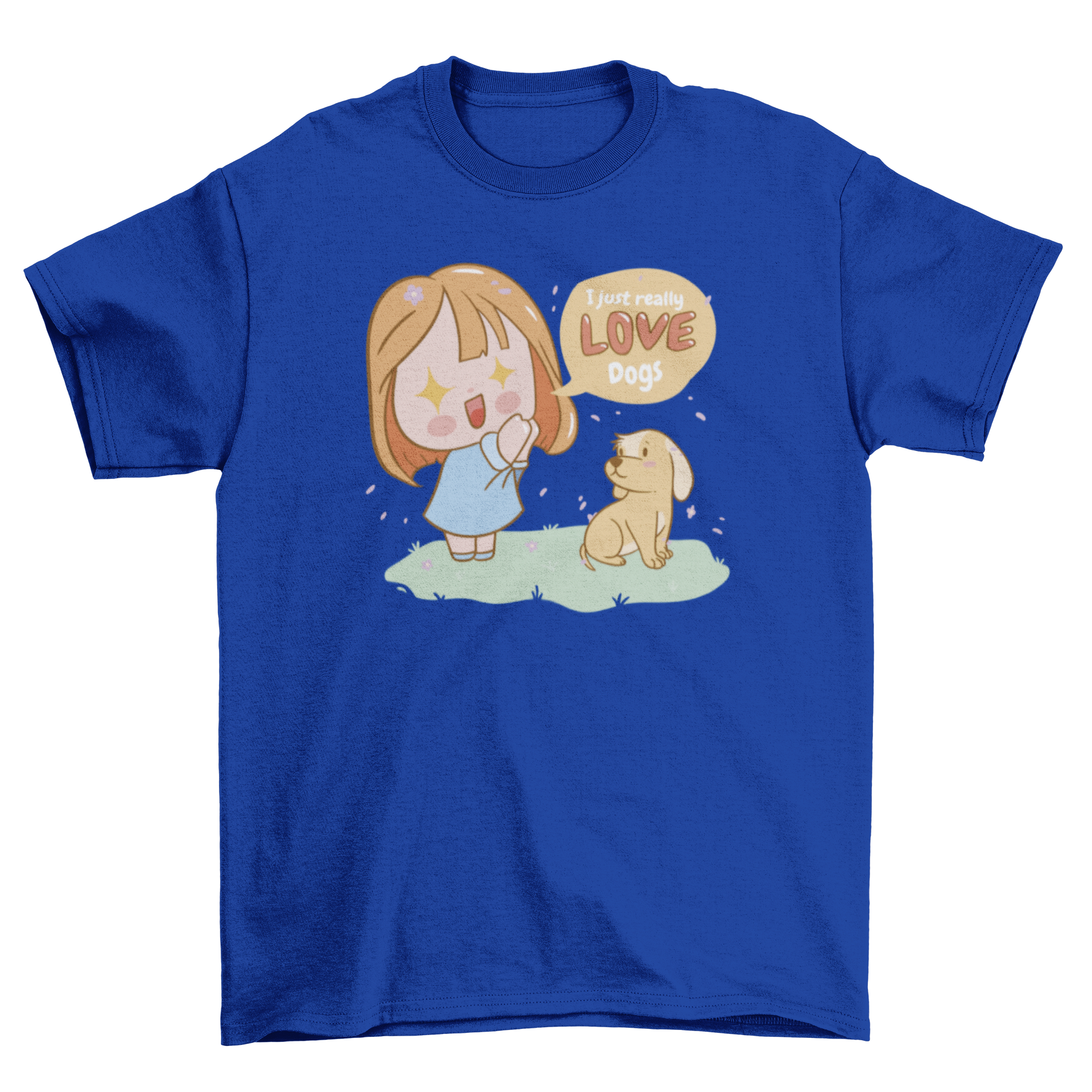 Kawaii love dogs t-shirt featuring a cute girl and dog design with the quote 'I just really love dogs'.