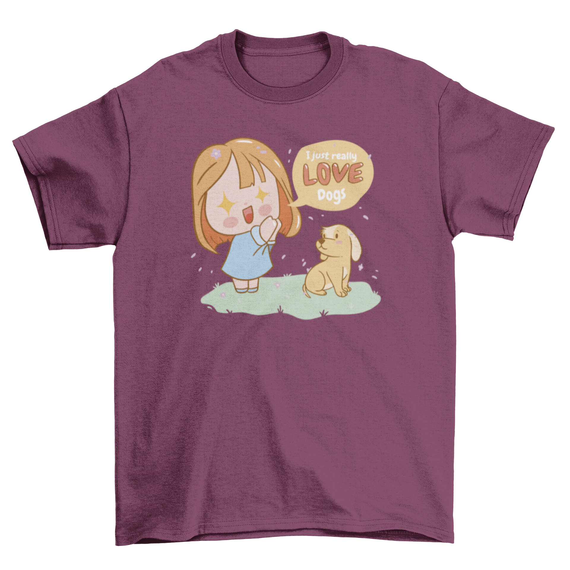 Kawaii love dogs t-shirt featuring a cute girl and dog design with the quote 'I just really love dogs'.