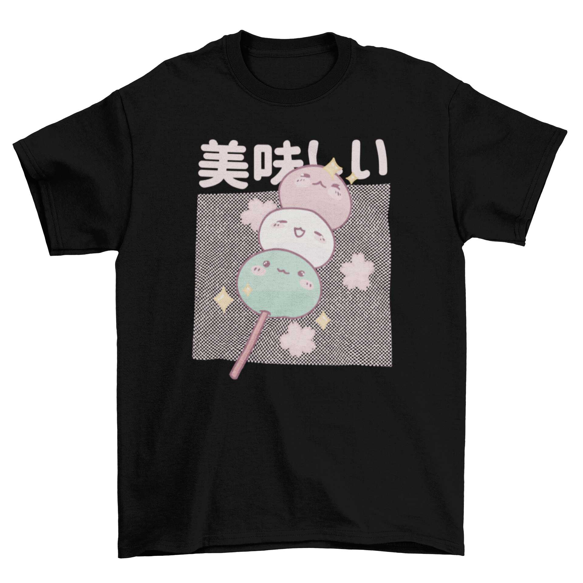 Kawaii Mochis Food T-Shirt featuring three cute mochis with flowers and sparkles.