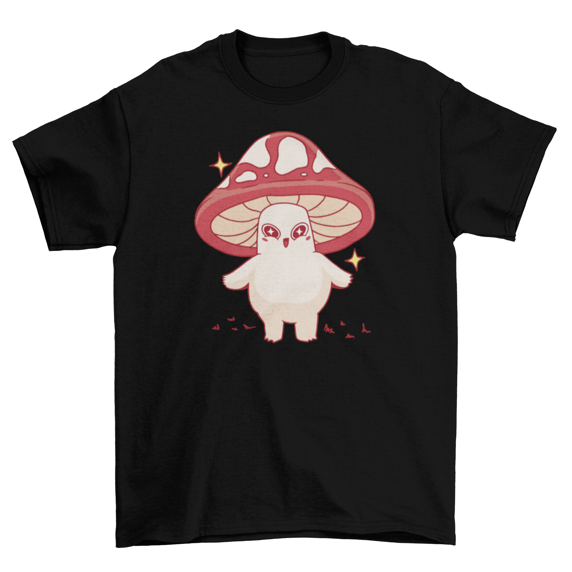 A cute t-shirt featuring a smiling kawaii mushroom character in vibrant colors.