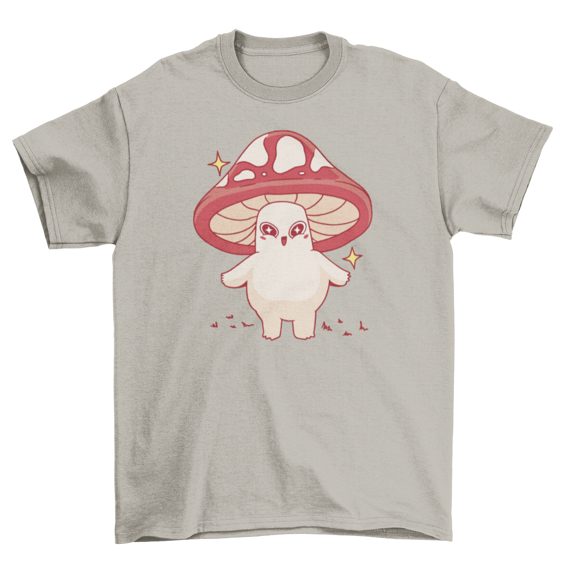 A cute t-shirt featuring a smiling kawaii mushroom character in vibrant colors.