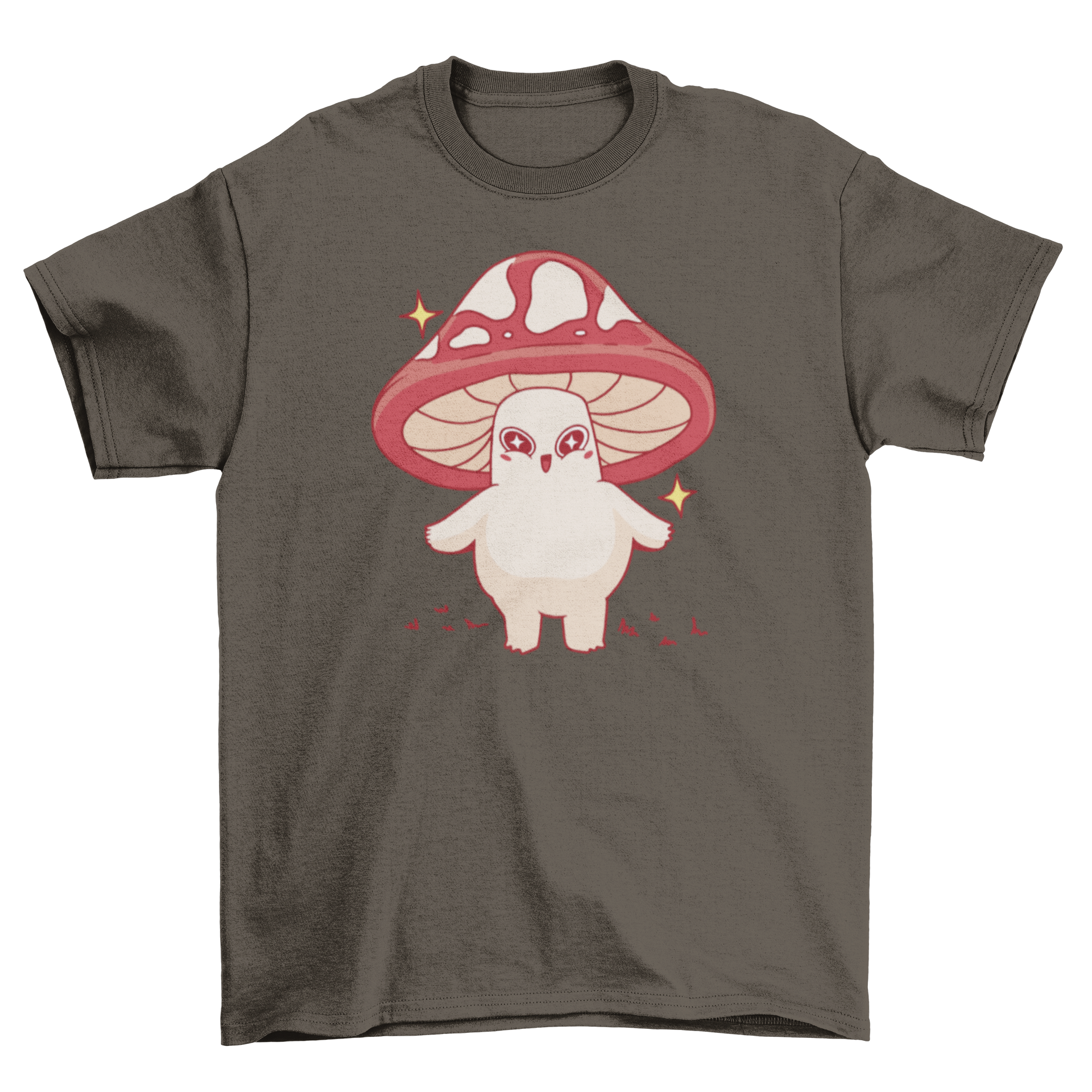 A cute t-shirt featuring a smiling kawaii mushroom character in vibrant colors.