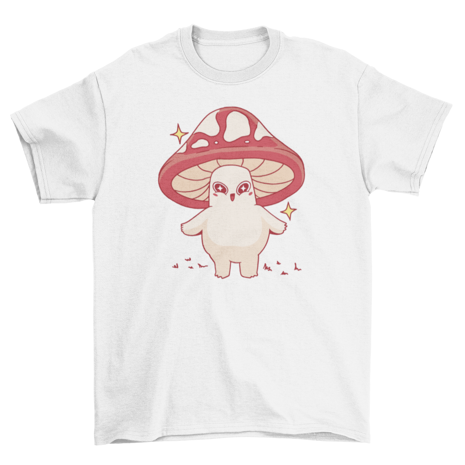 A cute t-shirt featuring a smiling kawaii mushroom character in vibrant colors.