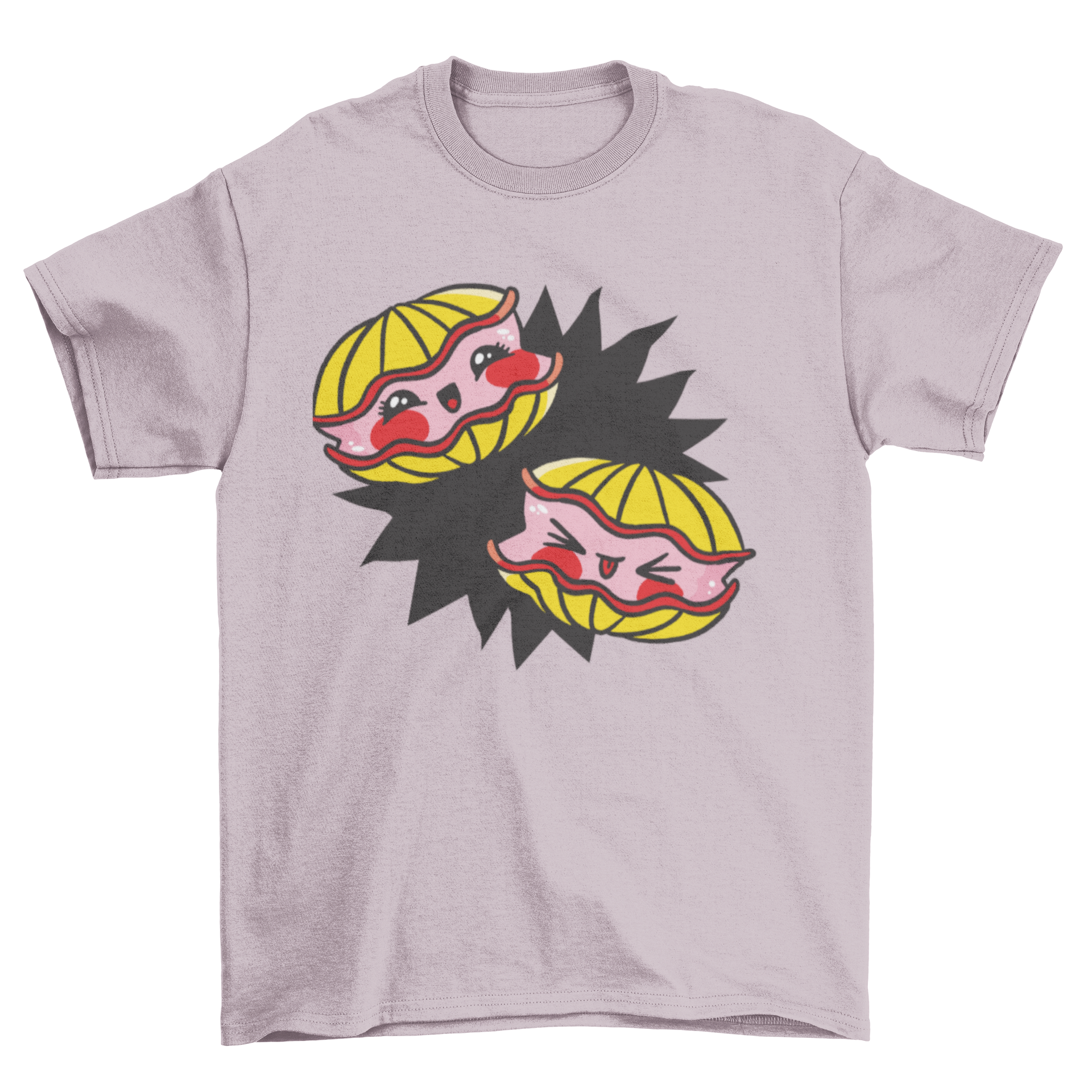 A cute Kawaii oysters t-shirt featuring two adorable oysters with big eyes and smiles, perfect for casual wear.