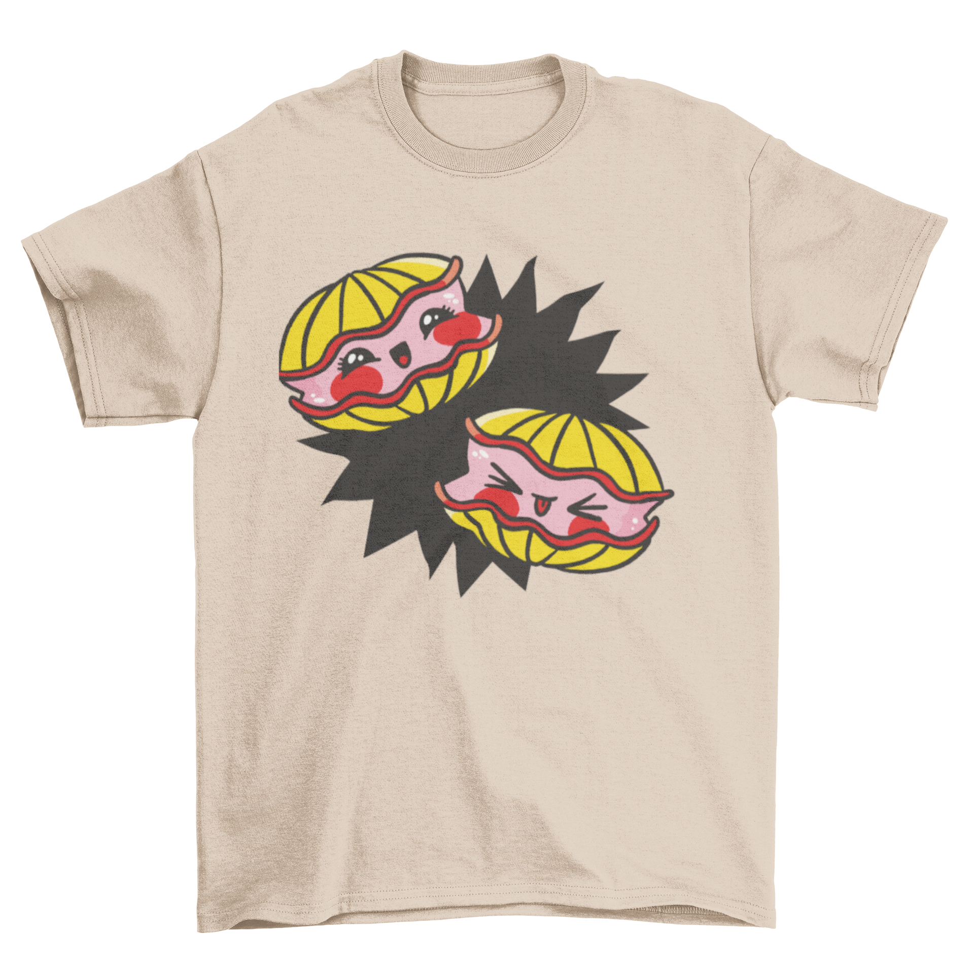 A cute Kawaii oysters t-shirt featuring two adorable oysters with big eyes and smiles, perfect for casual wear.