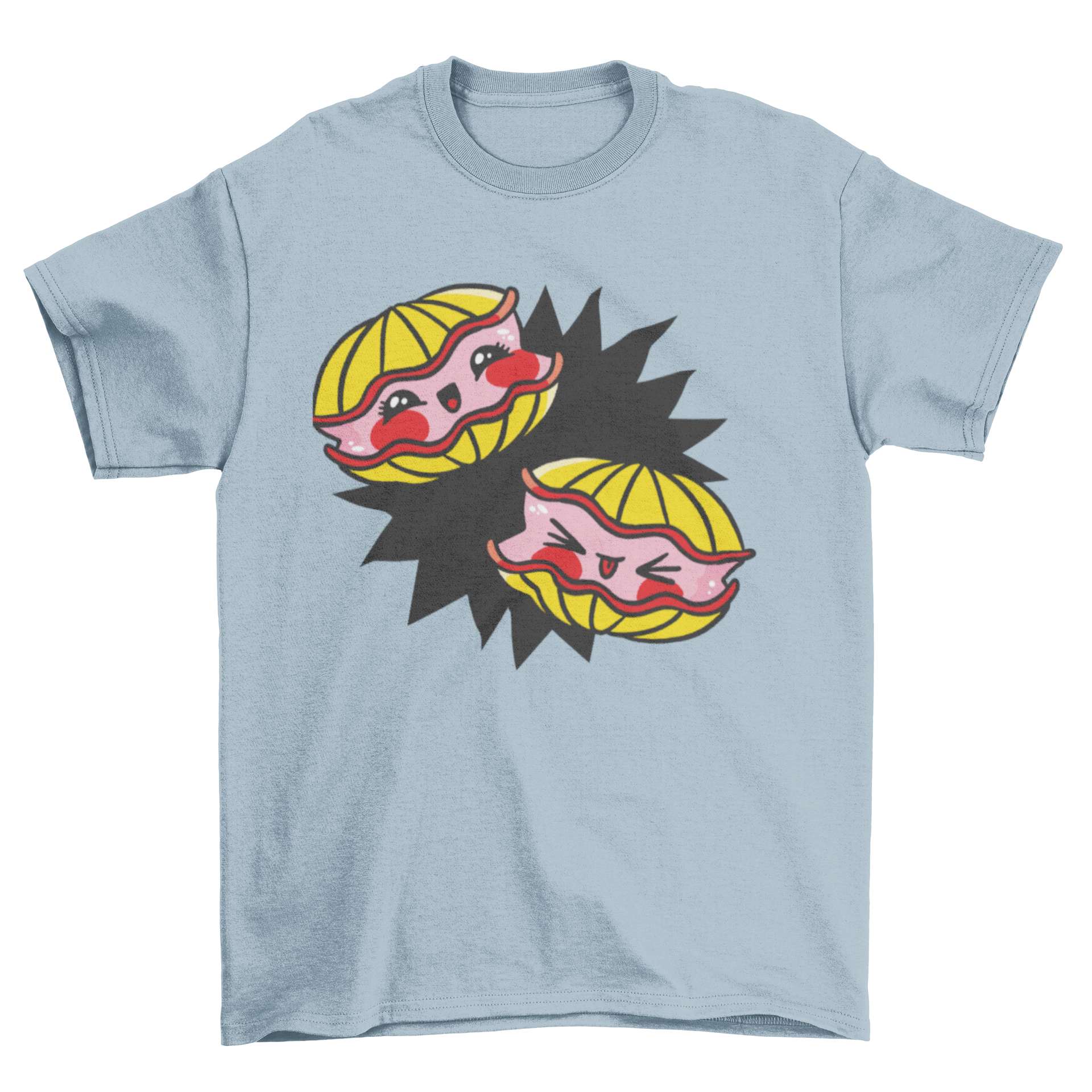 A cute Kawaii oysters t-shirt featuring two adorable oysters with big eyes and smiles, perfect for casual wear.