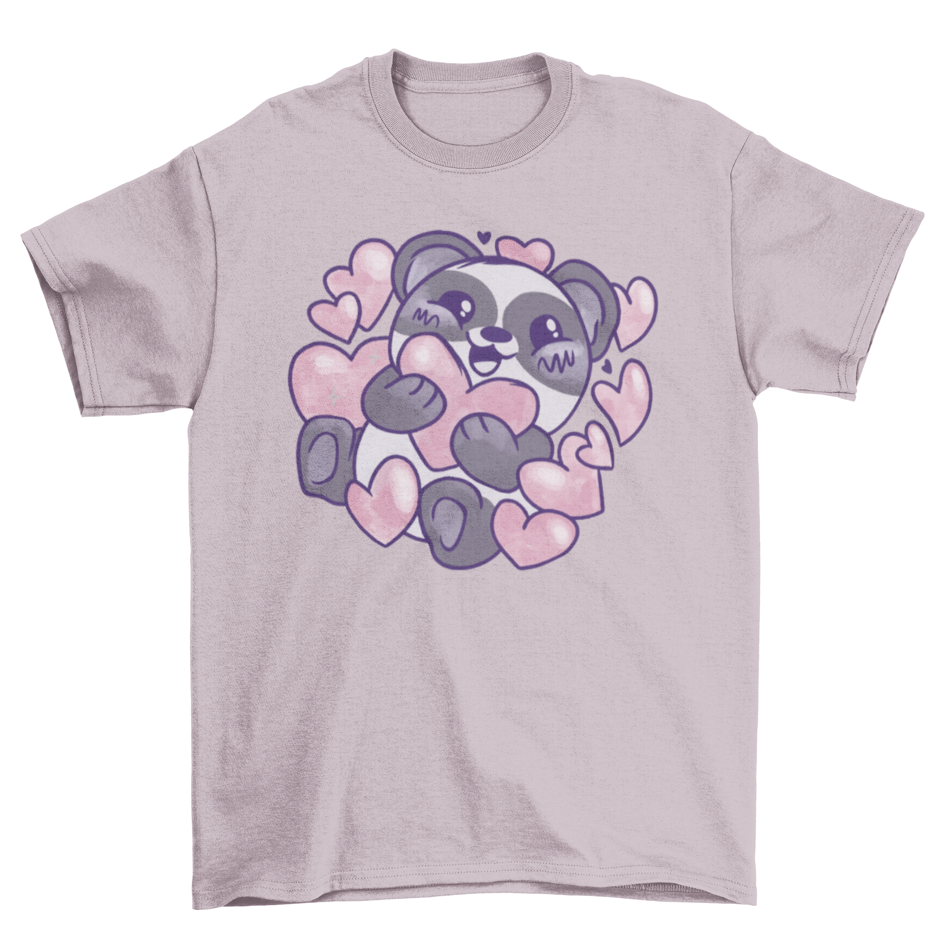 Kawaii panda t-shirt featuring a cute panda surrounded by colorful hearts, perfect for casual wear.