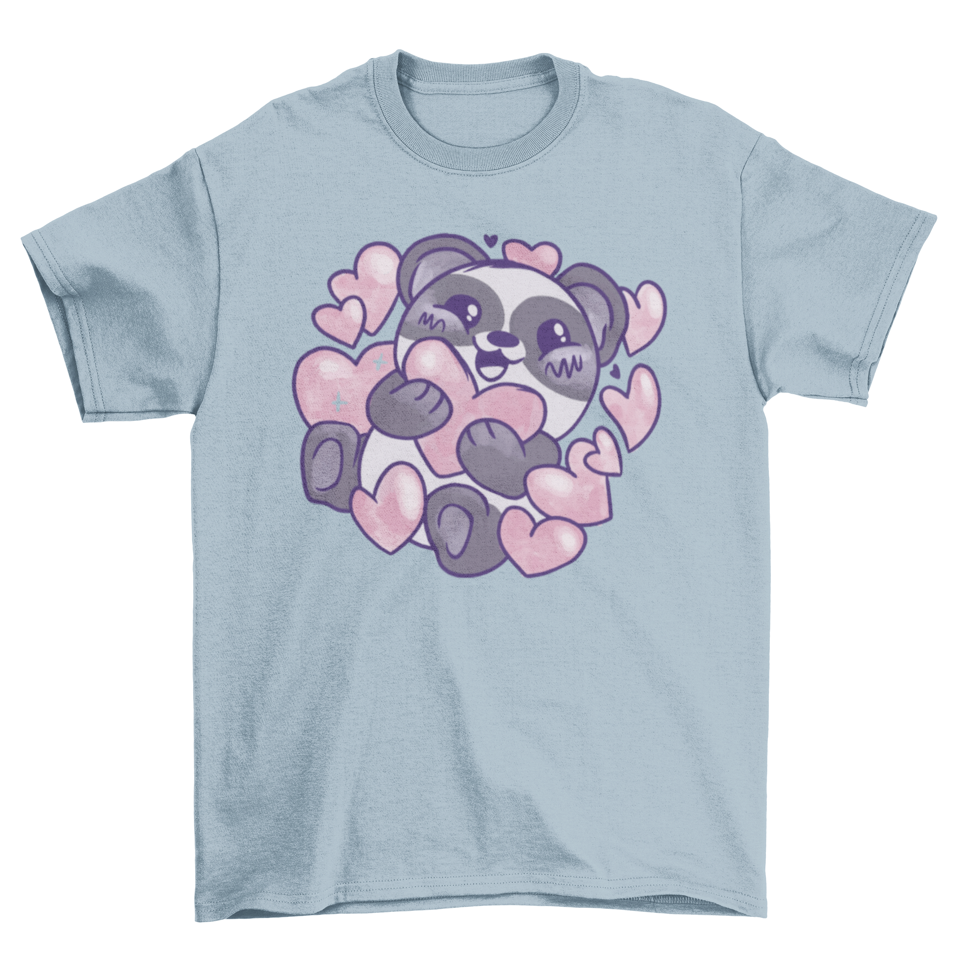 Kawaii panda t-shirt featuring a cute panda surrounded by colorful hearts, perfect for casual wear.