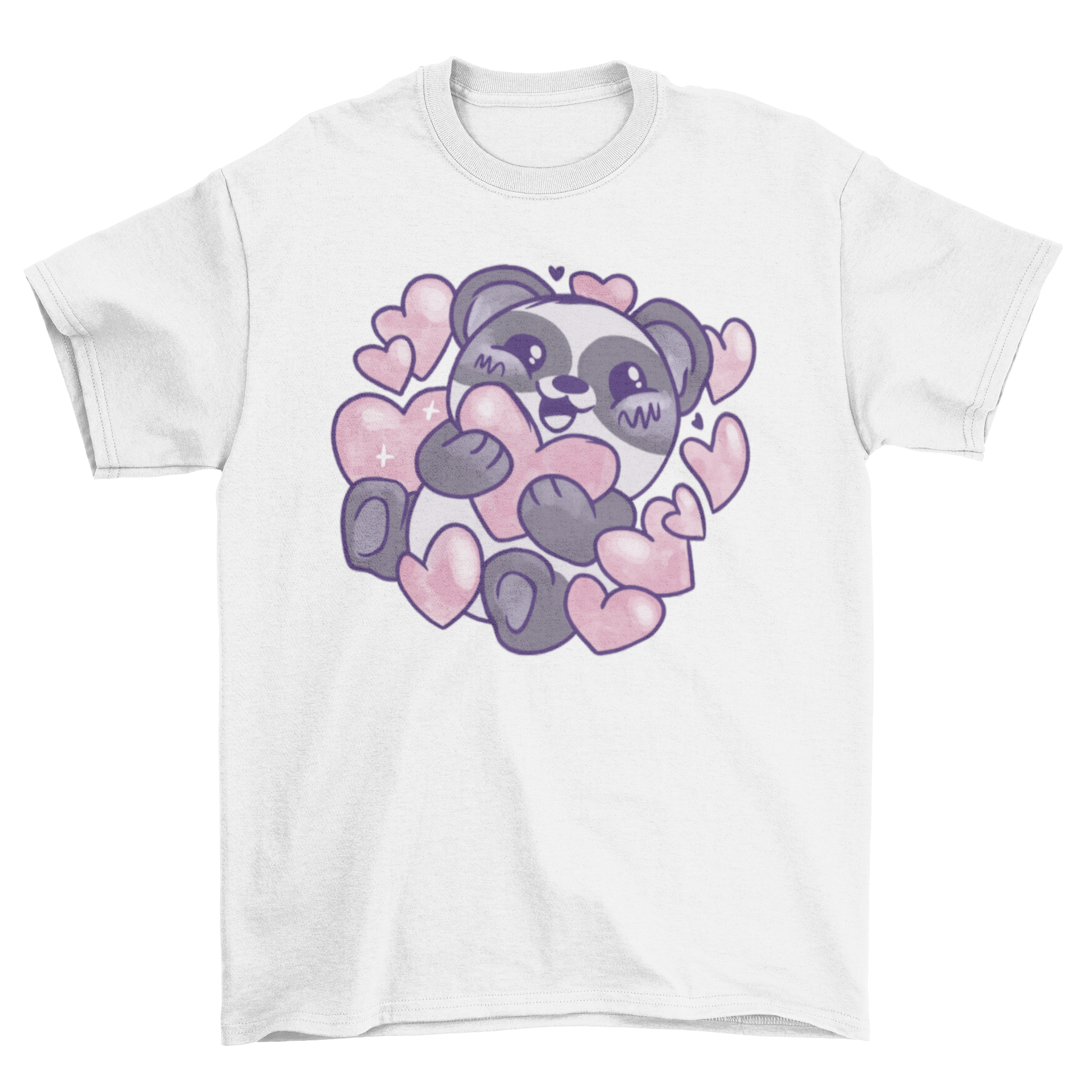 Kawaii panda t-shirt featuring a cute panda surrounded by colorful hearts, perfect for casual wear.