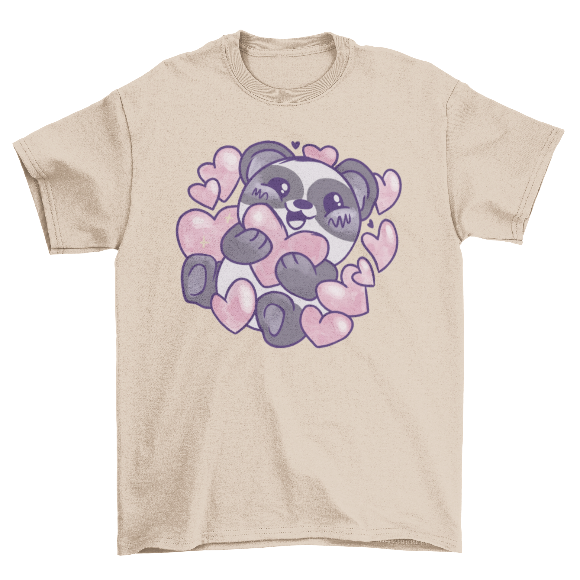 Kawaii panda t-shirt featuring a cute panda surrounded by colorful hearts, perfect for casual wear.