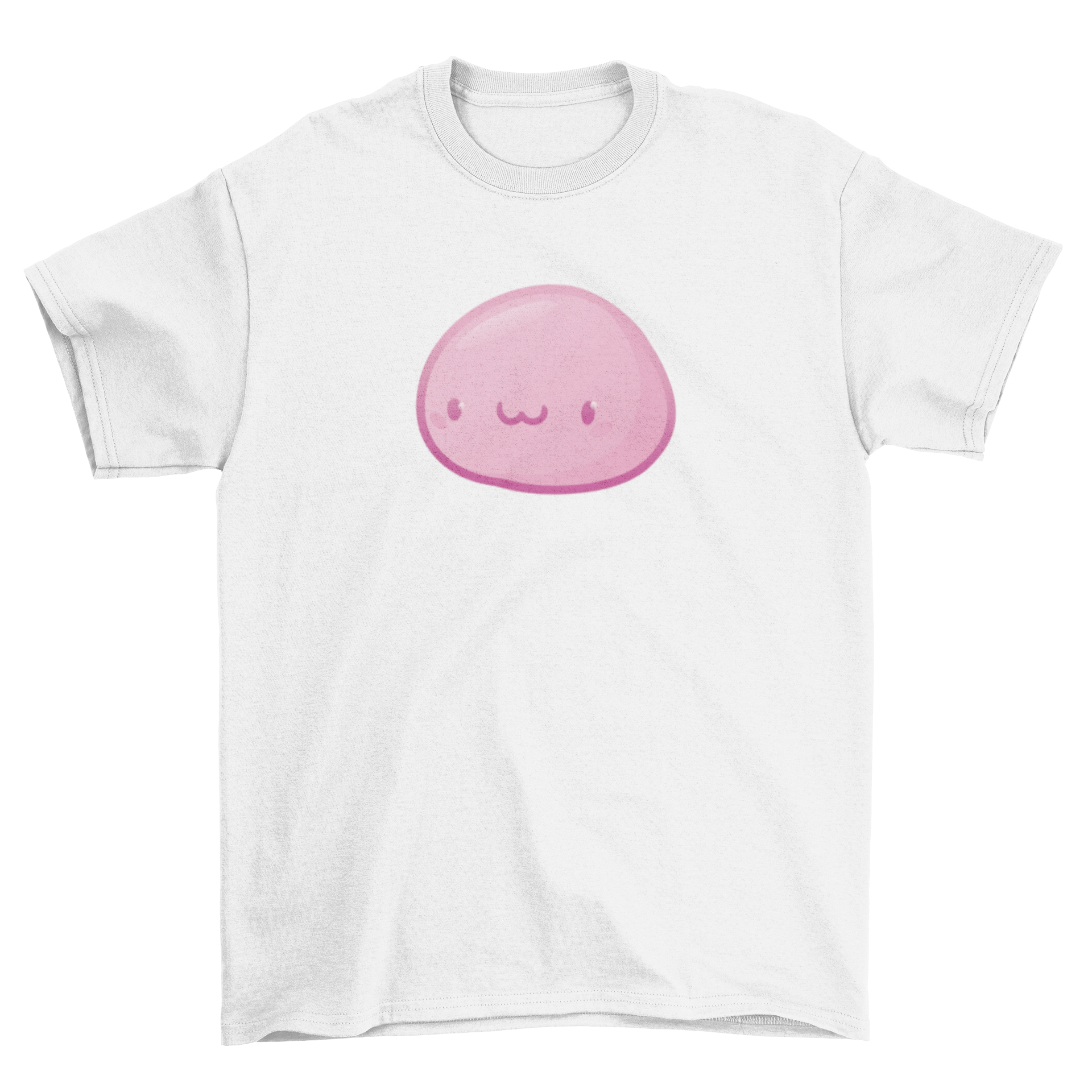 Kawaii pink t-shirt featuring a cute mochi design, perfect for casual wear.