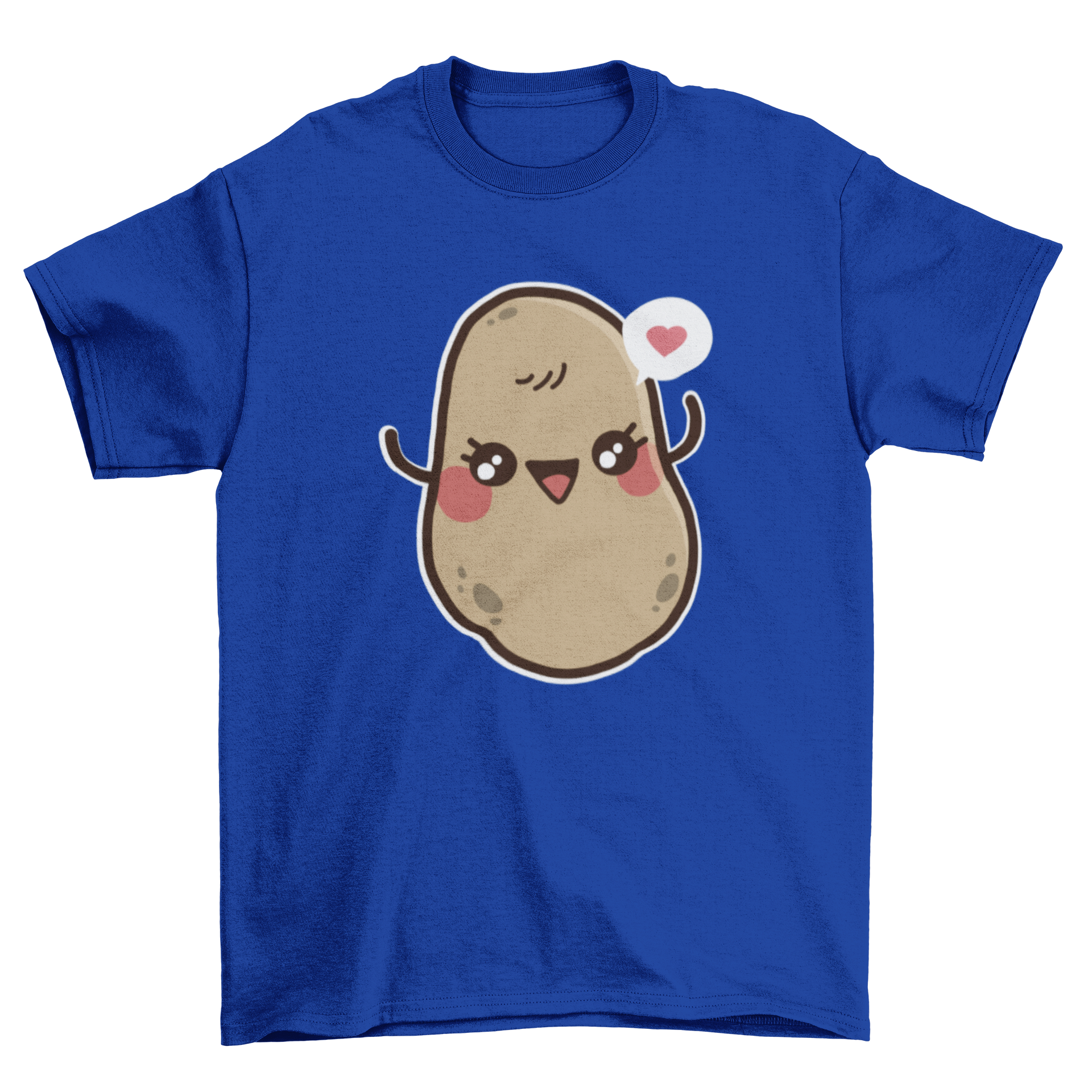 Kawaii potato t-shirt design featuring a happy potato with rosy cheeks and a heart speech bubble.