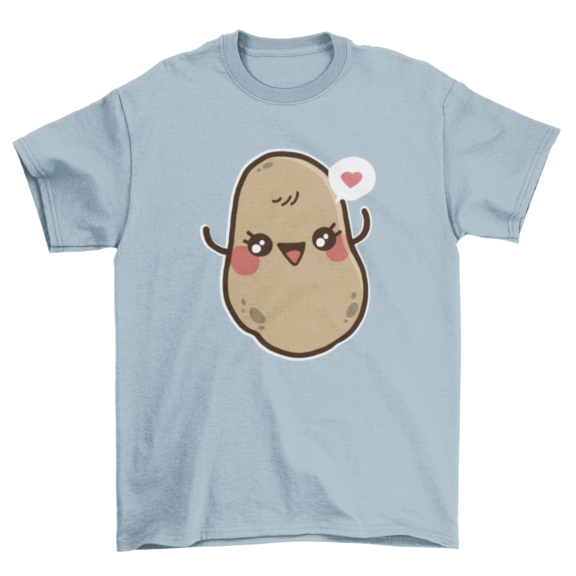 Kawaii potato t-shirt design featuring a happy potato with rosy cheeks and a heart speech bubble.