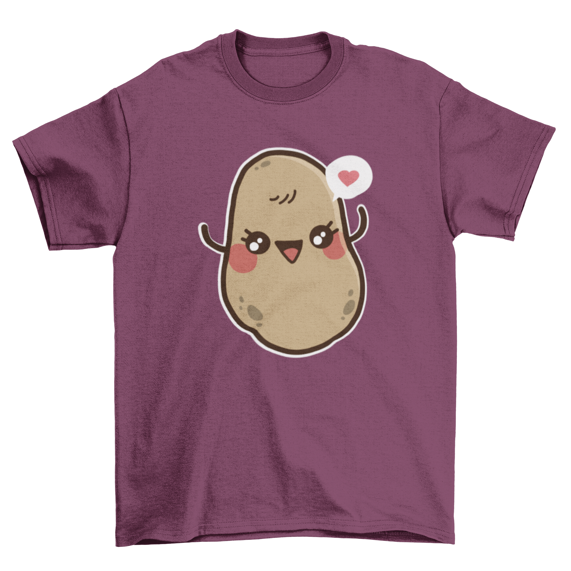 Kawaii potato t-shirt design featuring a happy potato with rosy cheeks and a heart speech bubble.