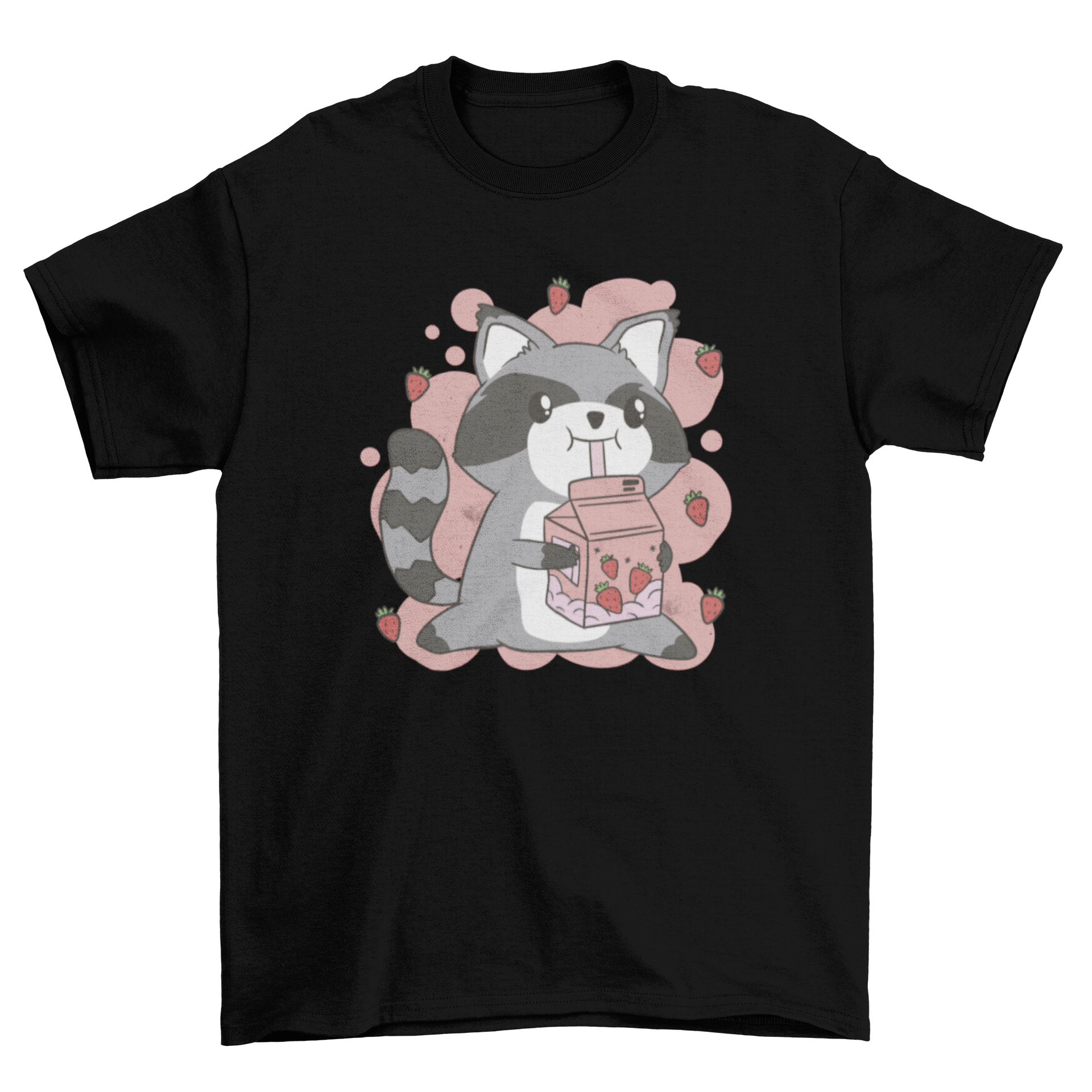 Kawaii raccoon t-shirt design featuring a cute raccoon drinking strawberry milk.