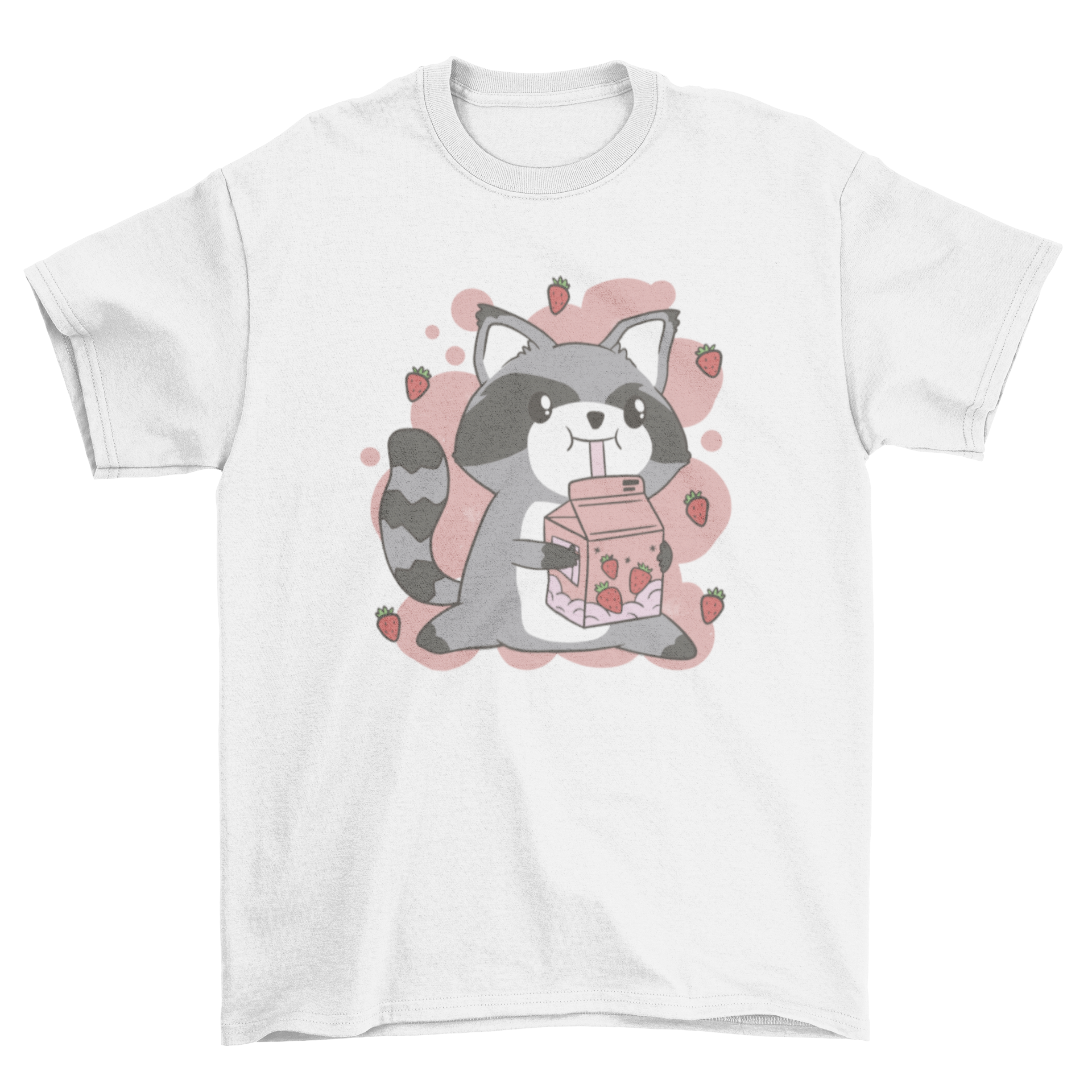 Kawaii raccoon t-shirt design featuring a cute raccoon drinking strawberry milk.