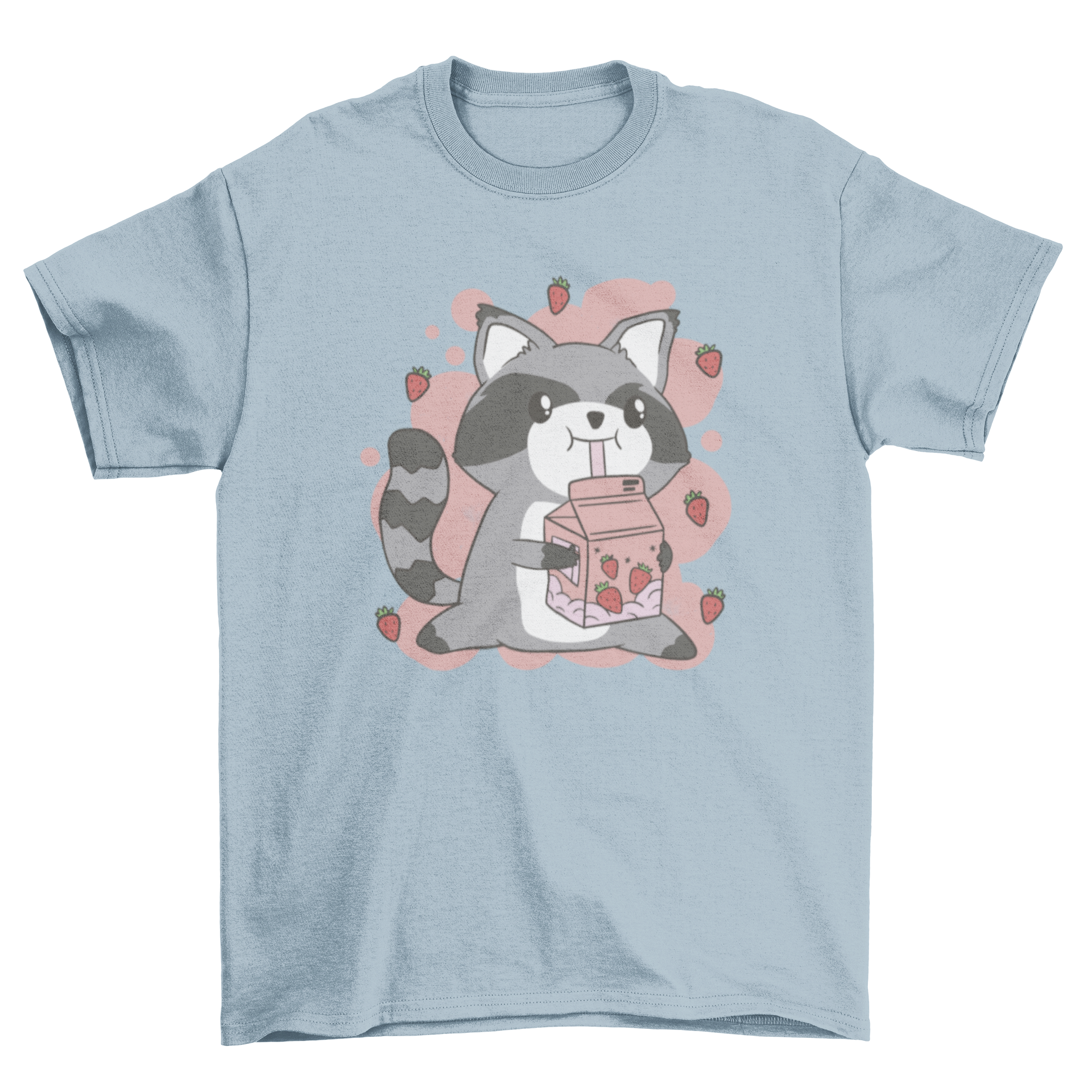 Kawaii raccoon t-shirt design featuring a cute raccoon drinking strawberry milk.