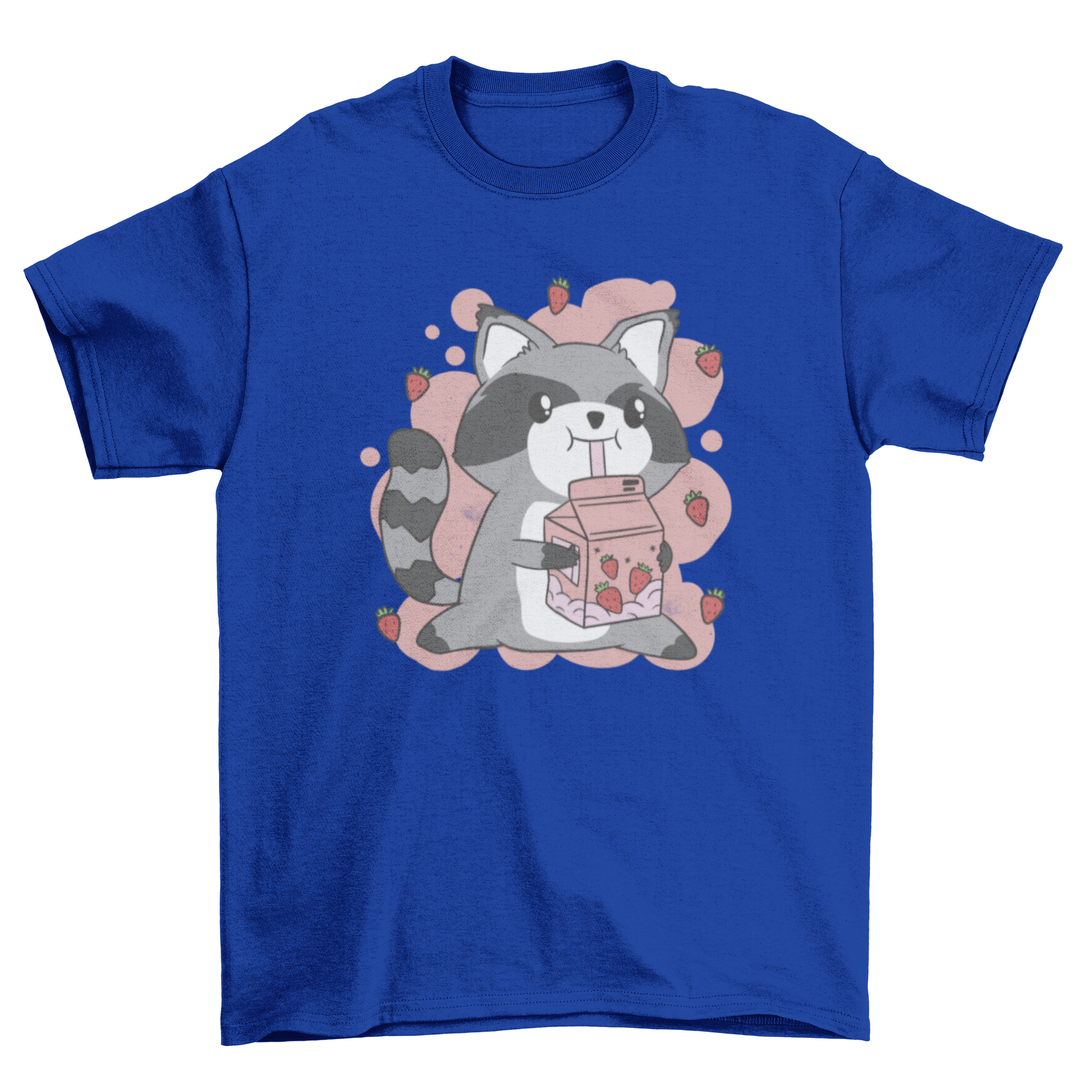 Kawaii raccoon t-shirt design featuring a cute raccoon drinking strawberry milk.